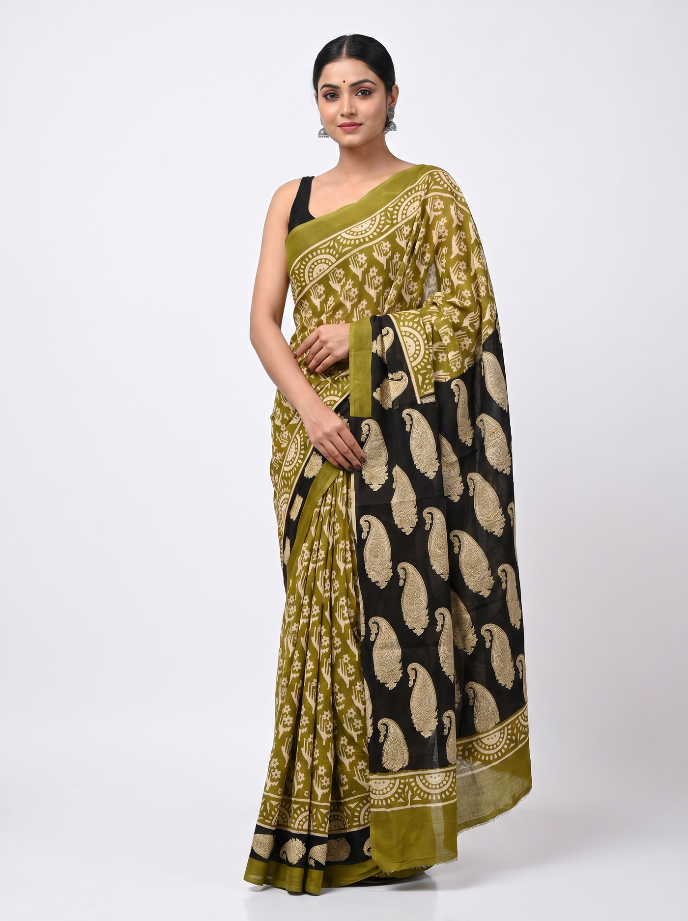 Burnt Orange + Golden + Ochre + Black pure mulmul cotton saree with blouse