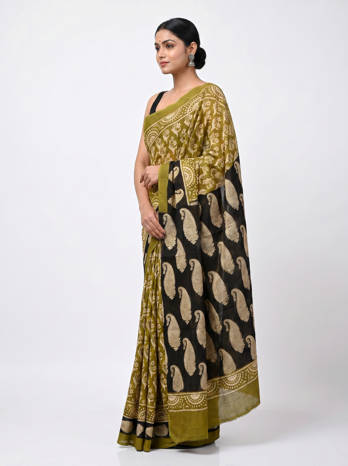 Pure Mulmul Cotton Saree | Burnt Orange + Golden + Ochre + Black Woven Golden Zari | Festive Wear | With Blouse image 2