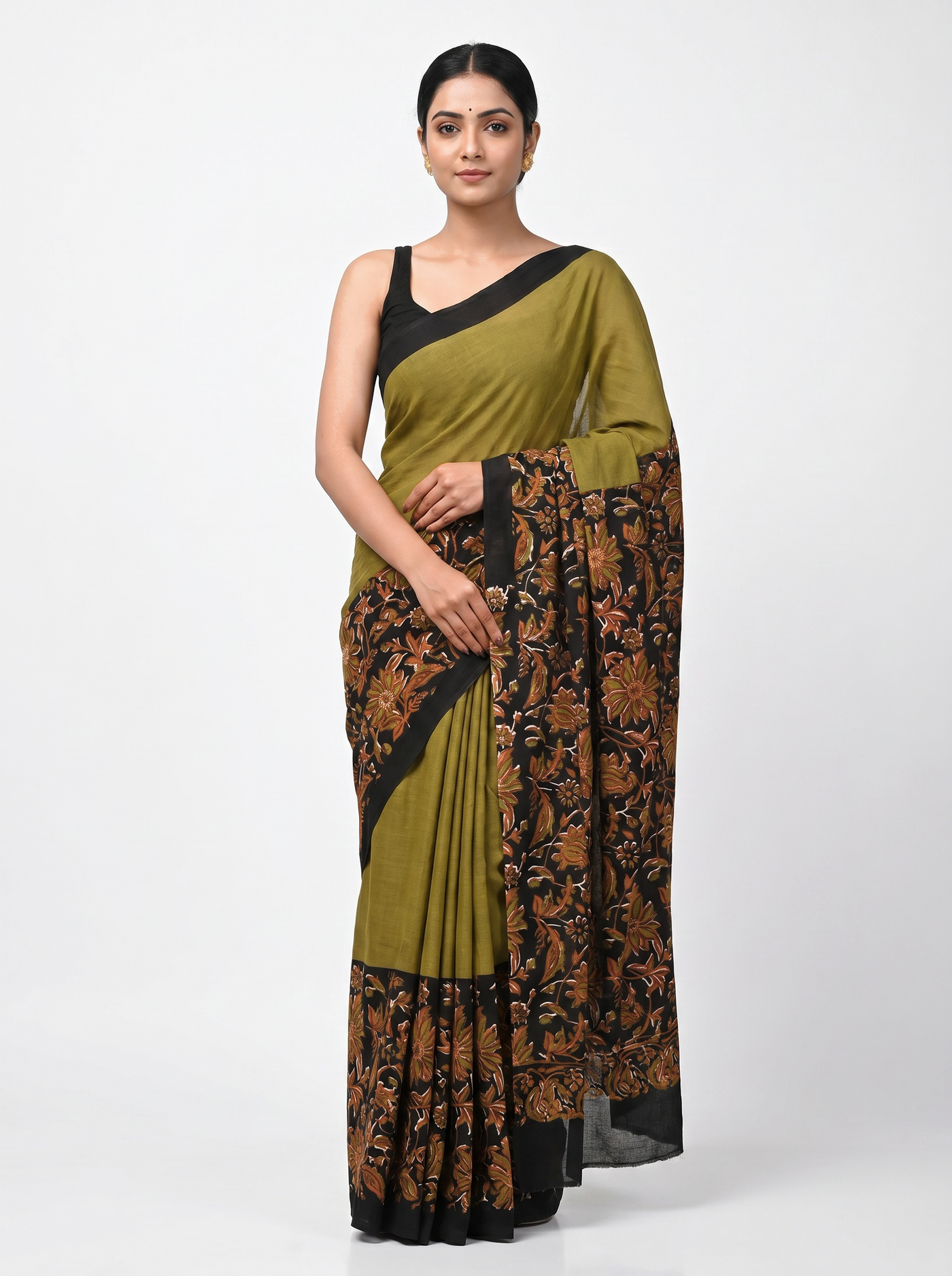 Brick Red + Burnt Orange + Golden + Ochre pure mulmul cotton saree with blouse