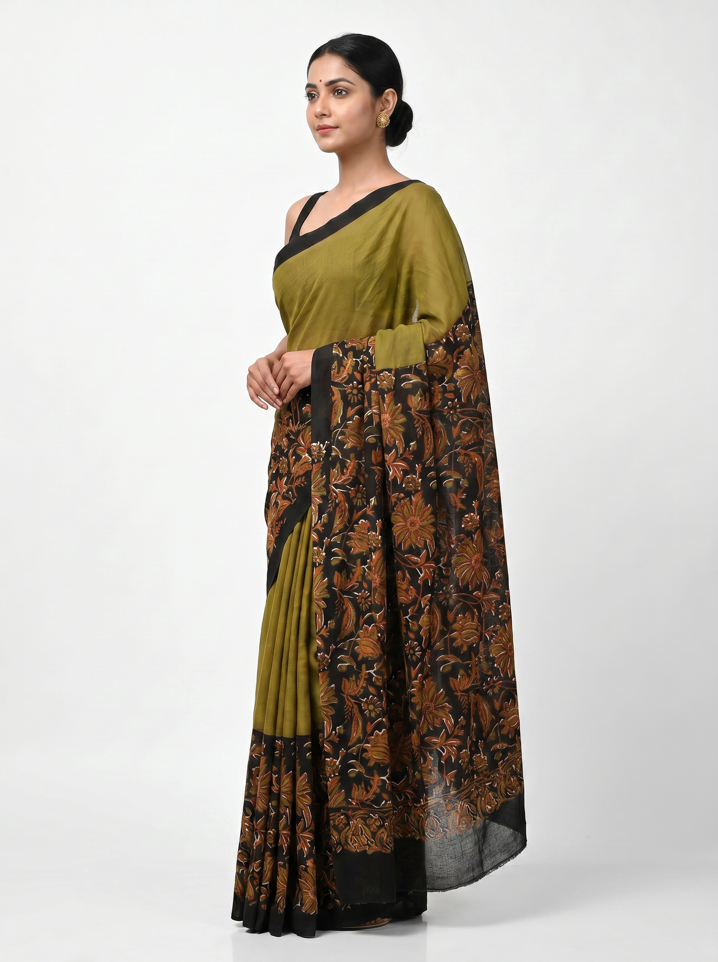 Pure Mulmul Cotton Saree | Brick Red + Burnt Orange + Golden + Ochre Woven Golden Zari | Festive Wear | With Blouse image 2
