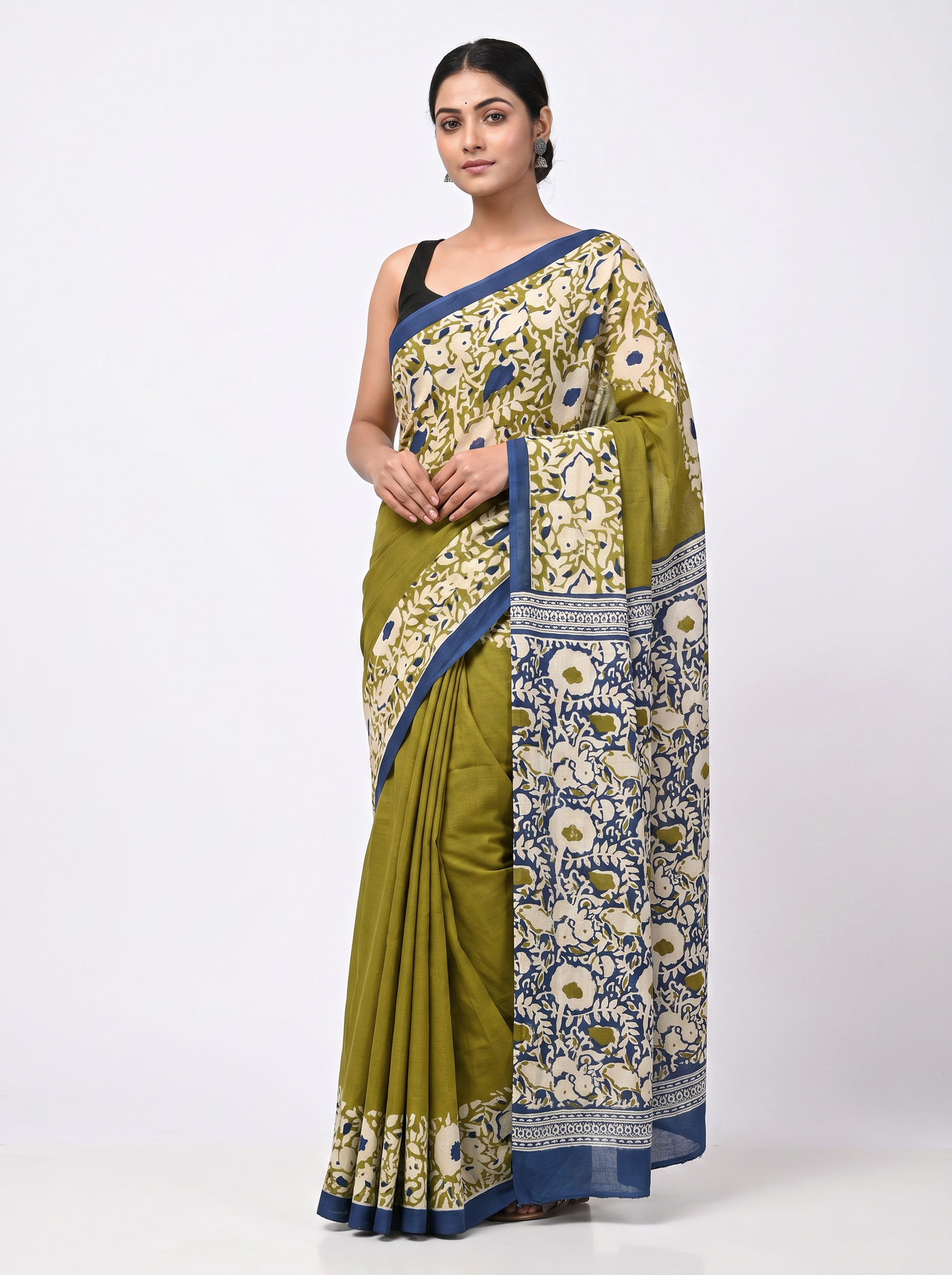 Golden + Ochre + Grey pure mulmul cotton saree with blouse