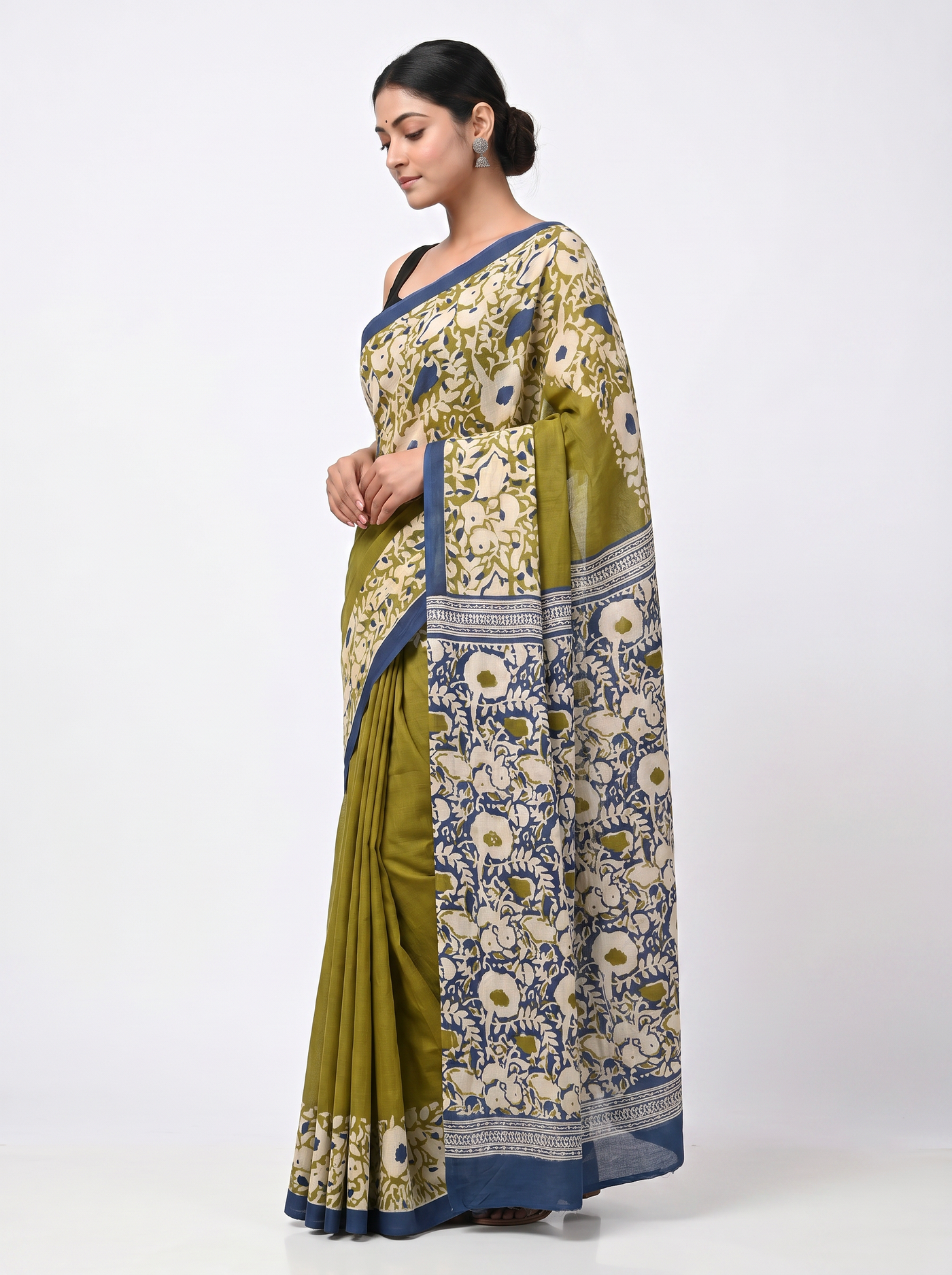 Pure Mulmul Cotton Saree | Golden + Ochre + Grey Woven Golden Zari | Festive Wear | With Blouse image 2