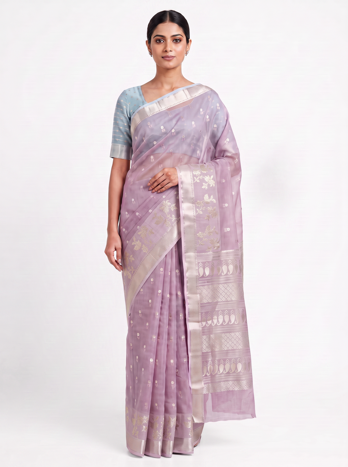 Pure Kota Doria Saree with Meena Work and Golden Zari Pallu - Blush Pink with Sky Blue Blouse