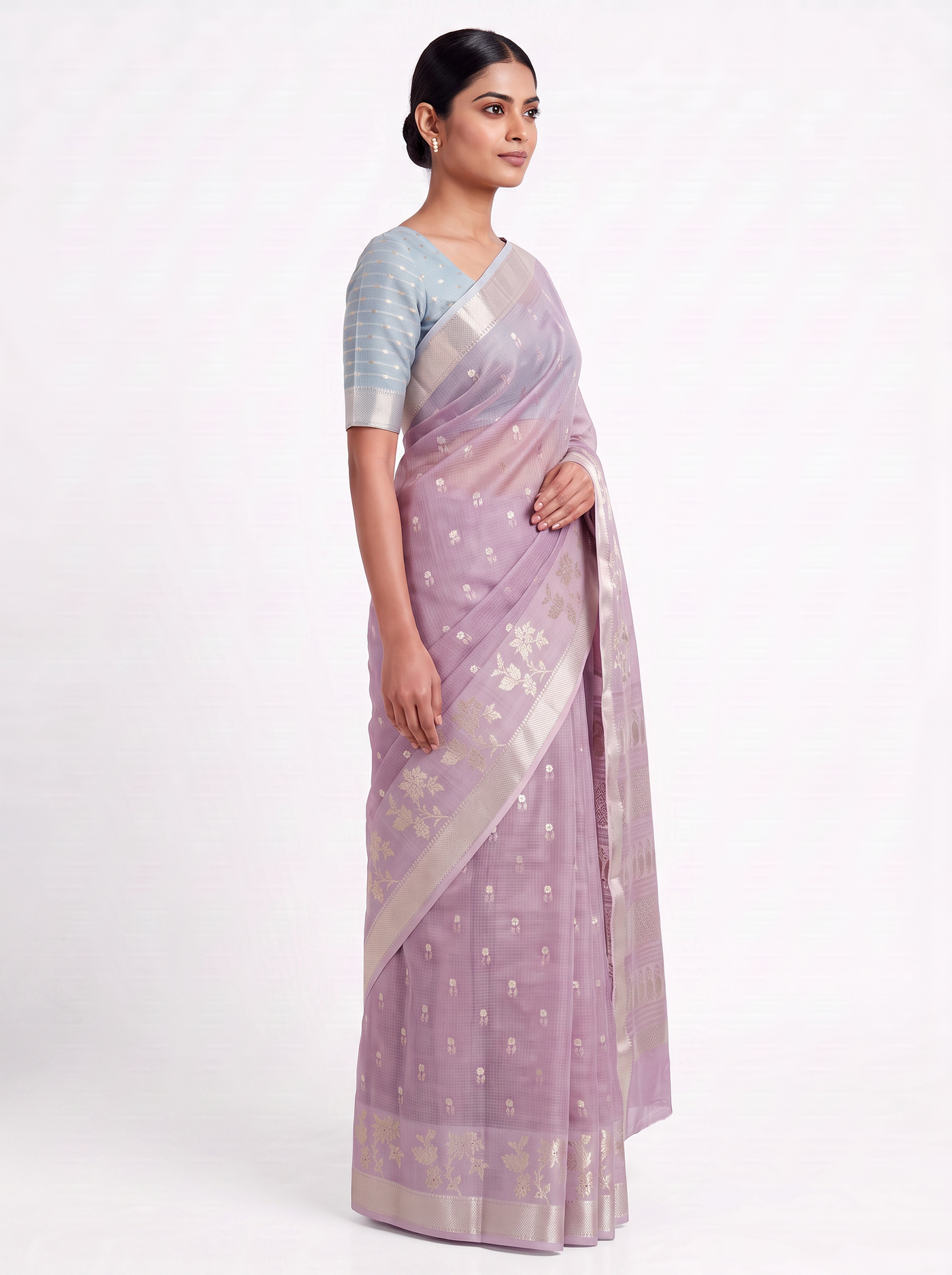 Pure Kota Doria Saree with Meena Work and Golden Zari Pallu - Blush Pink with Sky Blue Blouse view 2