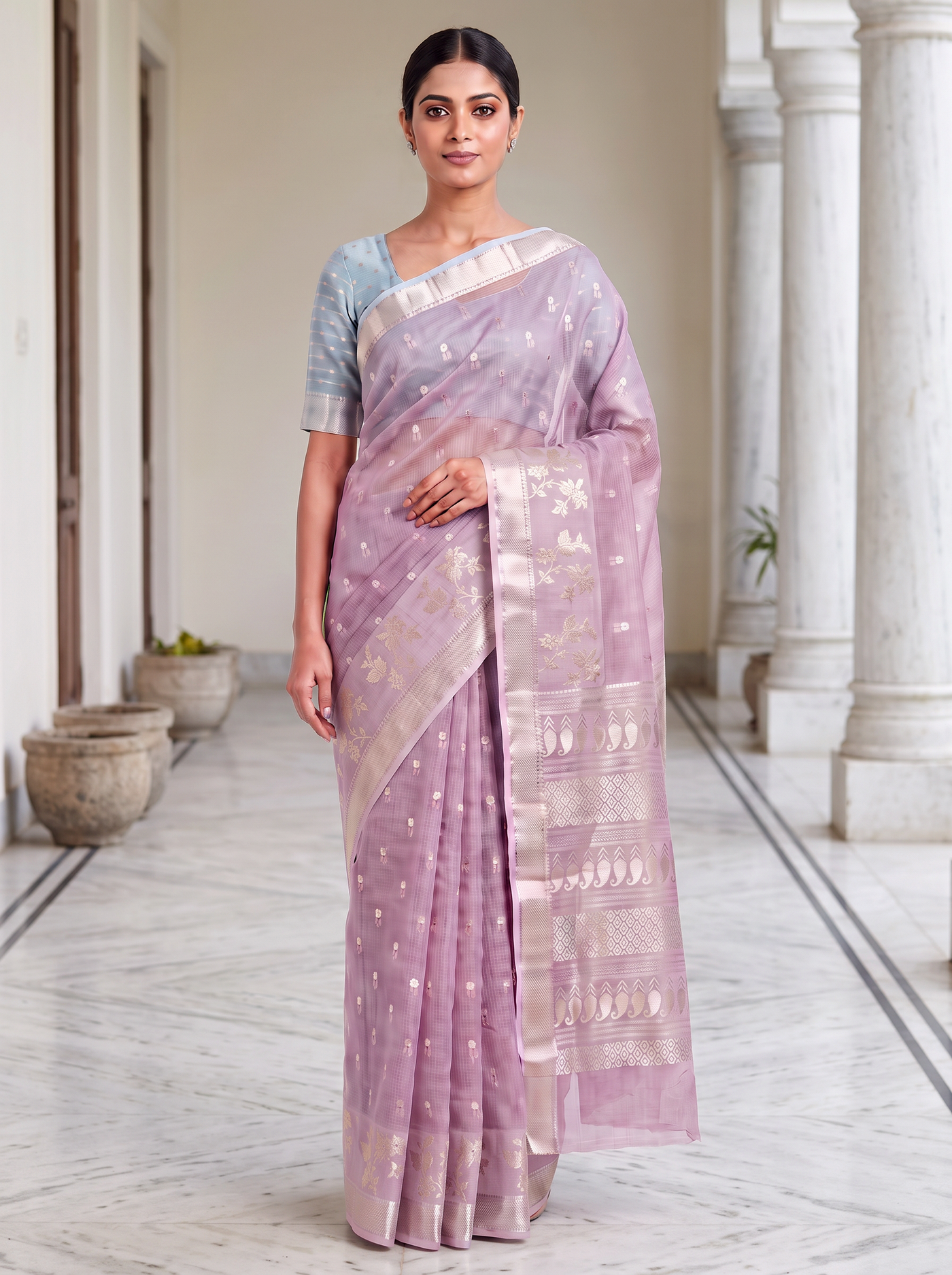 Pure Kota Doria Saree with Meena Work and Golden Zari Pallu - Blush Pink with Sky Blue Blouse view 4