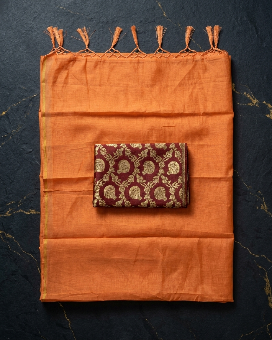 Plain Mul Chanderi Saree with Brocade Blouse - Saffron Orange detail view