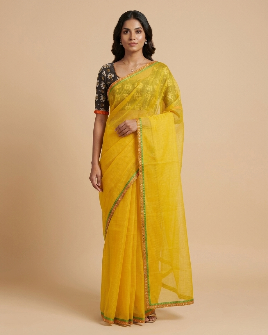 Yellow Kota Saree with Orange Border and Kalamkari Elephant Print Blouse