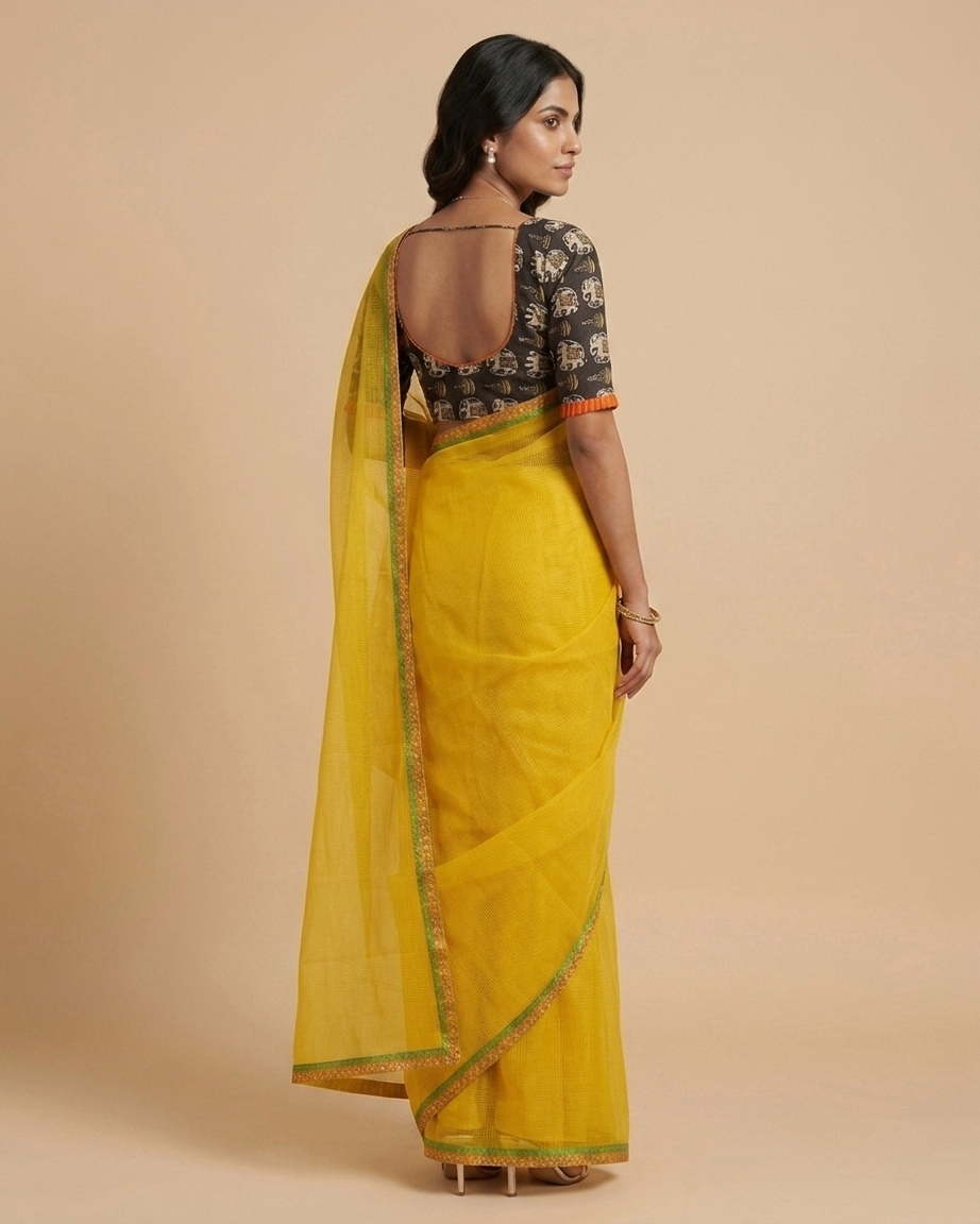 Yellow Kota Saree with Orange Border and Kalamkari Elephant Print Blouse
