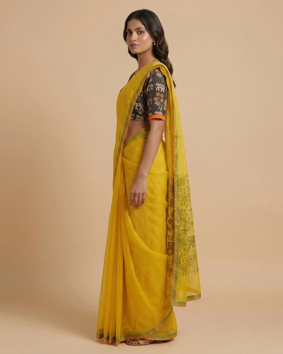 Yellow Kota Saree with Orange Border and Kalamkari Elephant Print Blouse