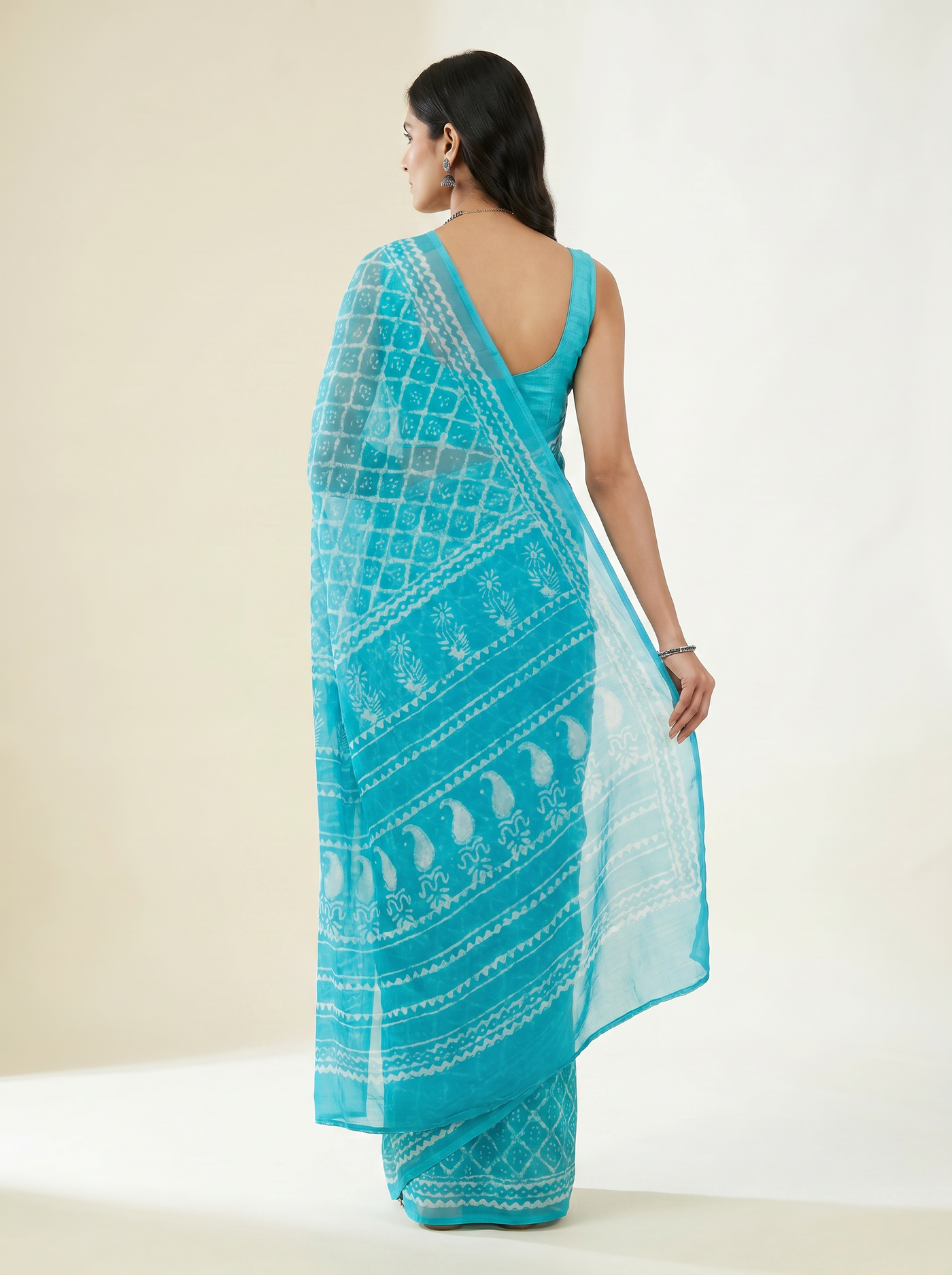 Pure Double Diamond Chiffon Saree | Aqua Blue Bagru Handblock Ajrakh Self Design | Natural Dye | Nazakat image 3