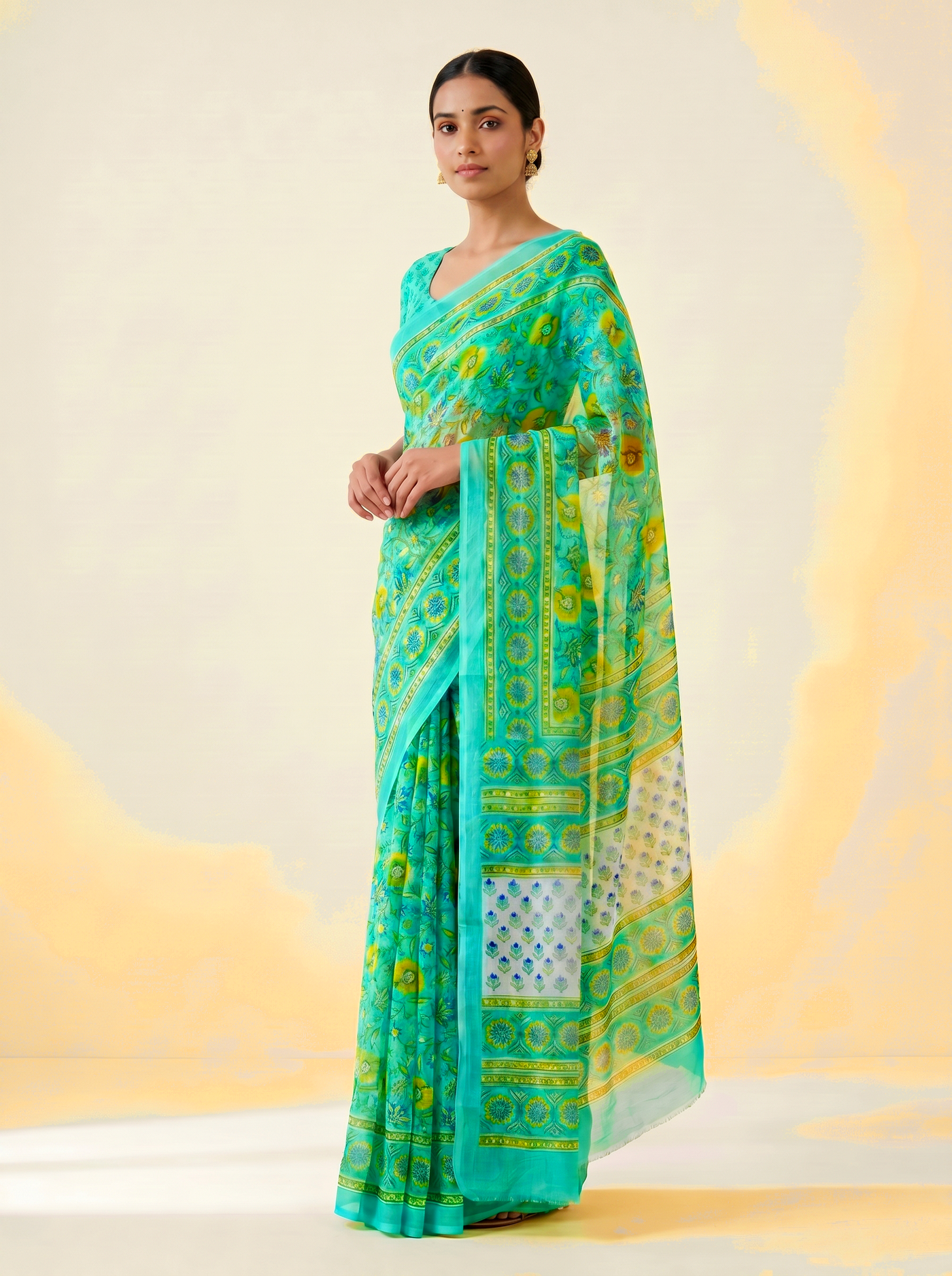 Aqua Blue + Sage Green pure double diamond chiffon saree with Bagru Ajrakh print