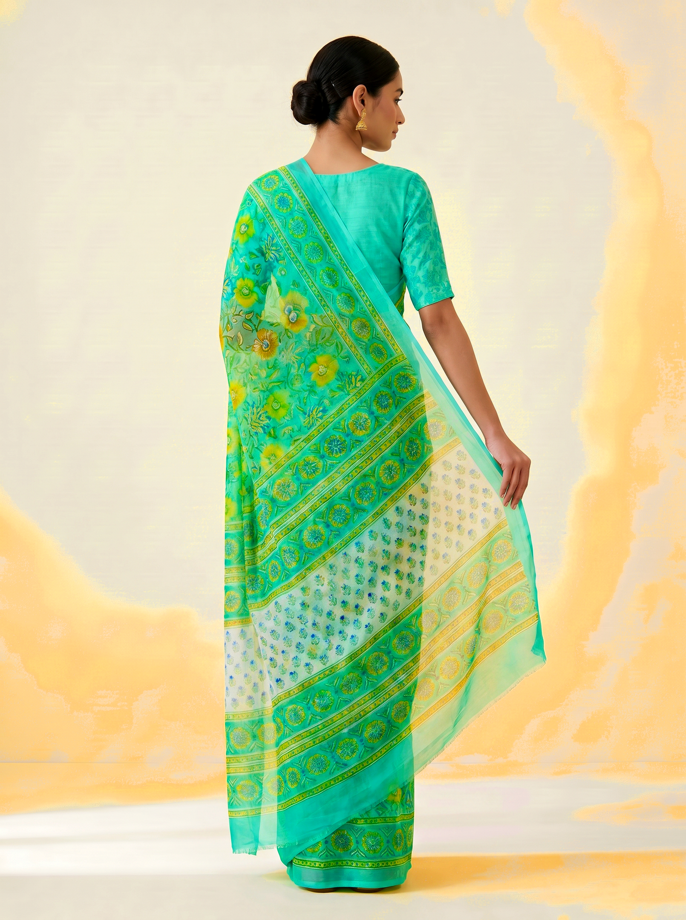 Pure Double Diamond Chiffon Saree | Aqua Blue + Sage Green Bagru Handblock Ajrakh Print | Natural Dye | Nazakat image 4