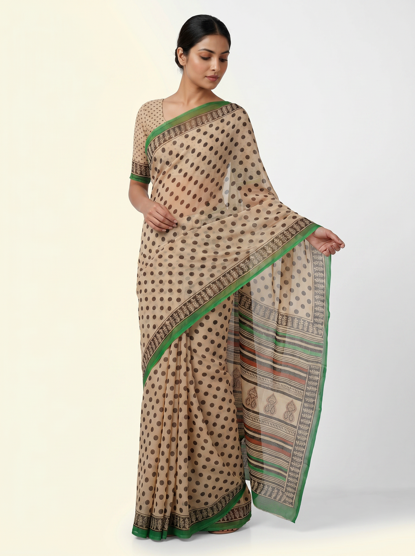 Pure Double Diamond Chiffon Saree | Charcoal Grey + Brick Red + Burnt Orange + Beige + Grey Bagru Handblock Ajrakh Print | Natural Dye | Nazakat image 2