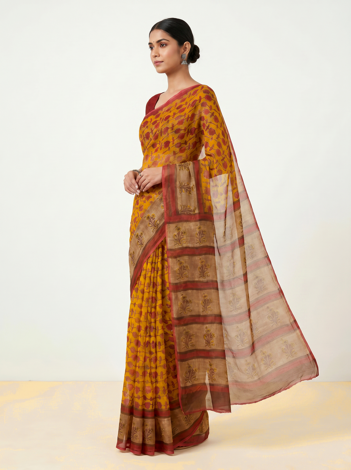 Pure Double Diamond Chiffon Saree | Burnt Orange + Deep Red Bagru Handblock Ajrakh Print | Natural Dye | Nazakat image 2