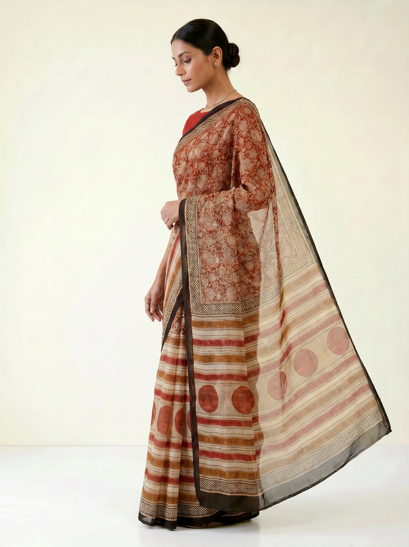 Pure Double Diamond Chiffon Saree | Burnt Orange + Off White + Beige + Wine Bagru Handblock Ajrakh Print | Natural Dye | Nazakat image 2