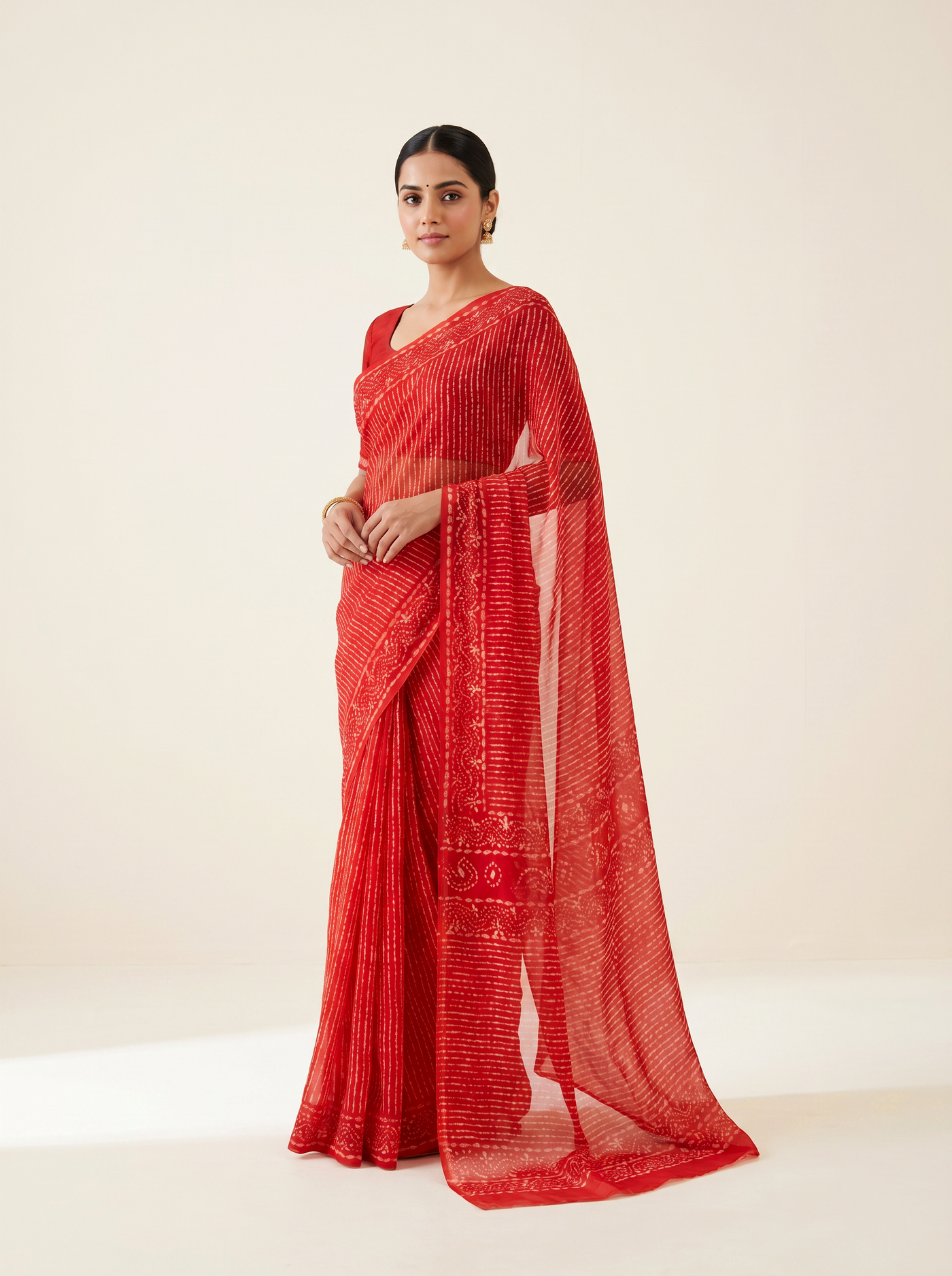 Crimson pure double diamond chiffon saree with Bagru Ajrakh print