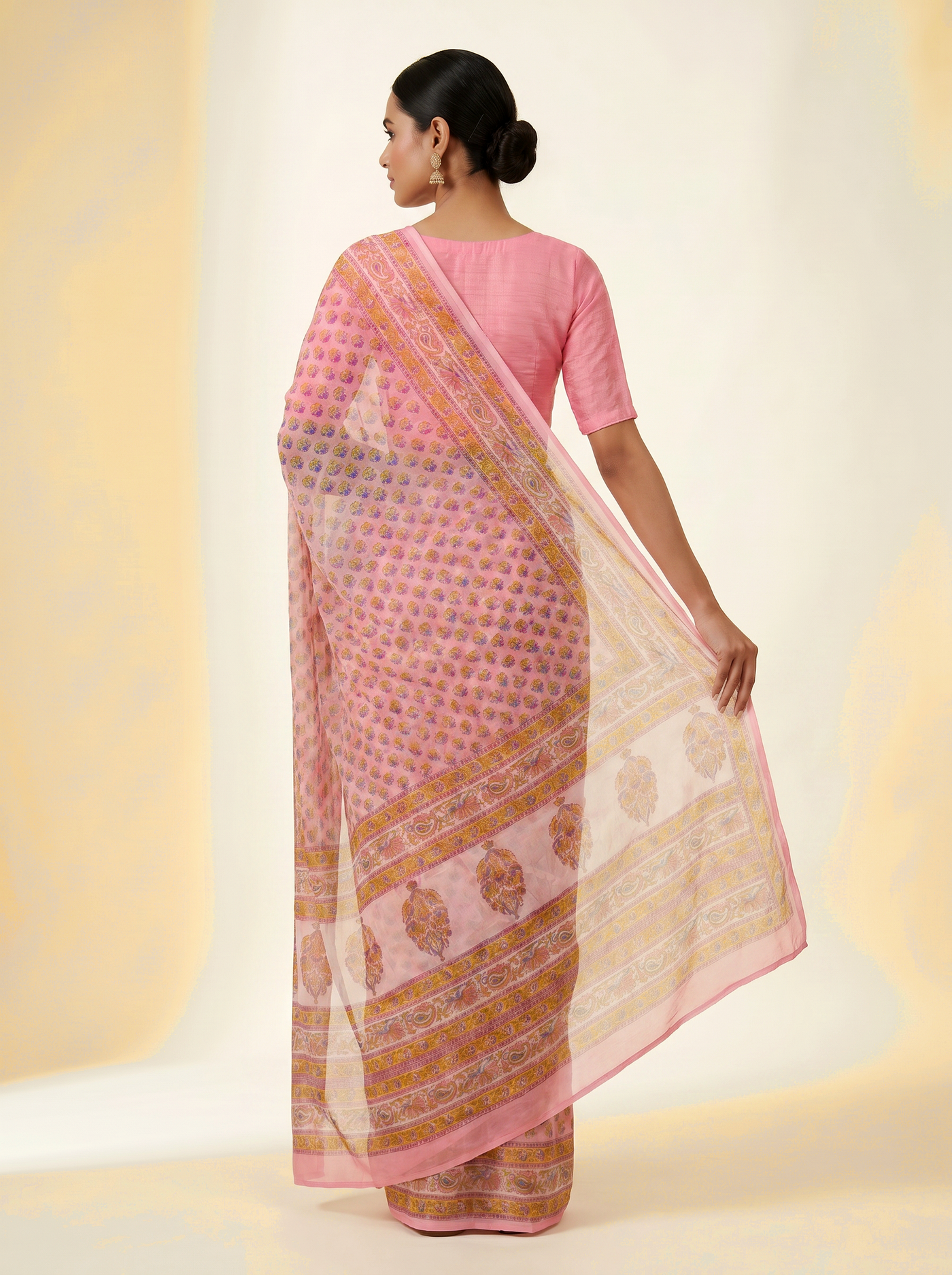 Pure Double Diamond Chiffon Saree | Deep Red + Dusty Pink + Beige Bagru Handblock Ajrakh Print | Natural Dye | Nazakat image 4