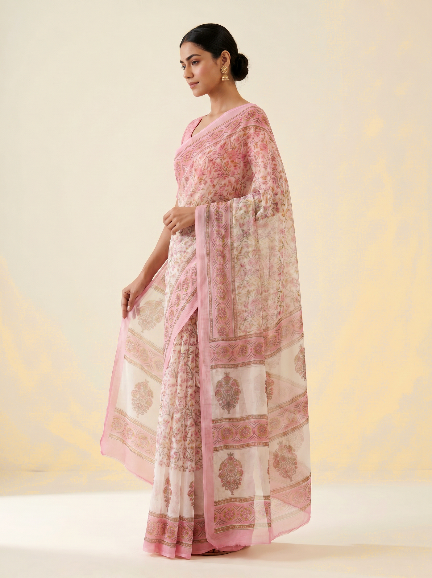 Pure Double Diamond Chiffon Saree | Deep Red + Off White + Silver Grey + Ochre + Grey Bagru Handblock Ajrakh Print | Natural Dye | Nazakat image 2