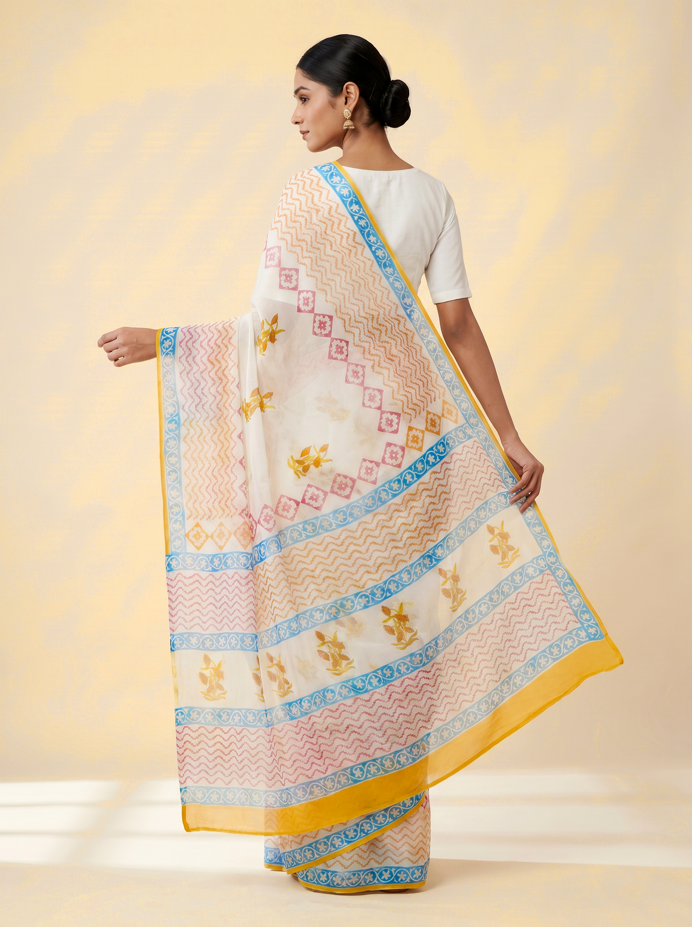 Pure Double Diamond Chiffon Saree | Deep Red + Off White + Royal Blue Bagru Handblock Ajrakh Print | Natural Dye | Nazakat image 4
