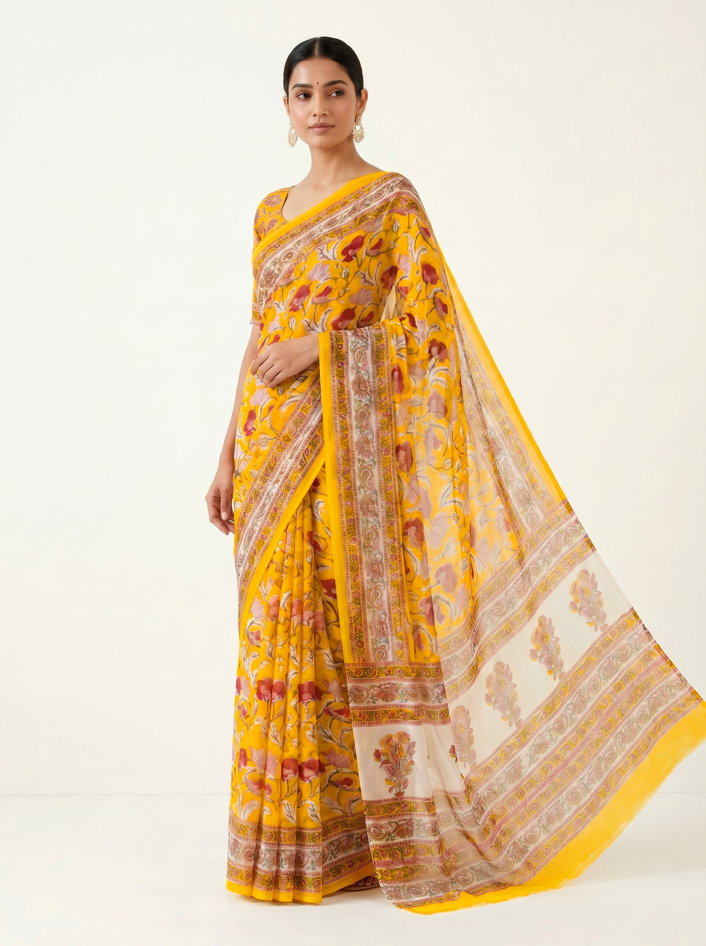 Pure Double Diamond Chiffon Saree | Dusty Pink + Golden + Beige Bagru Handblock Ajrakh Golden Zari | Natural Dye | Nazakat image 4