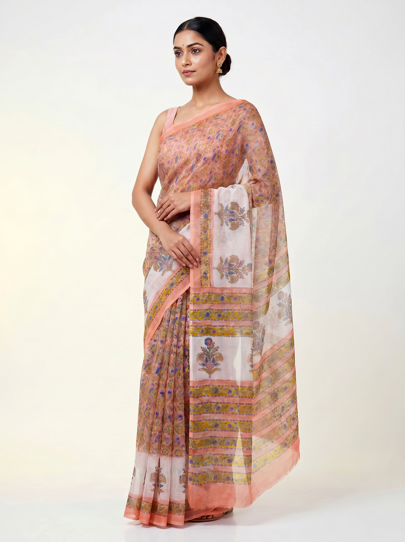 Pure Double Diamond Chiffon Saree | Golden + Ochre Bagru Handblock Ajrakh Golden Zari | Natural Dye | Nazakat | Design 2 image 2