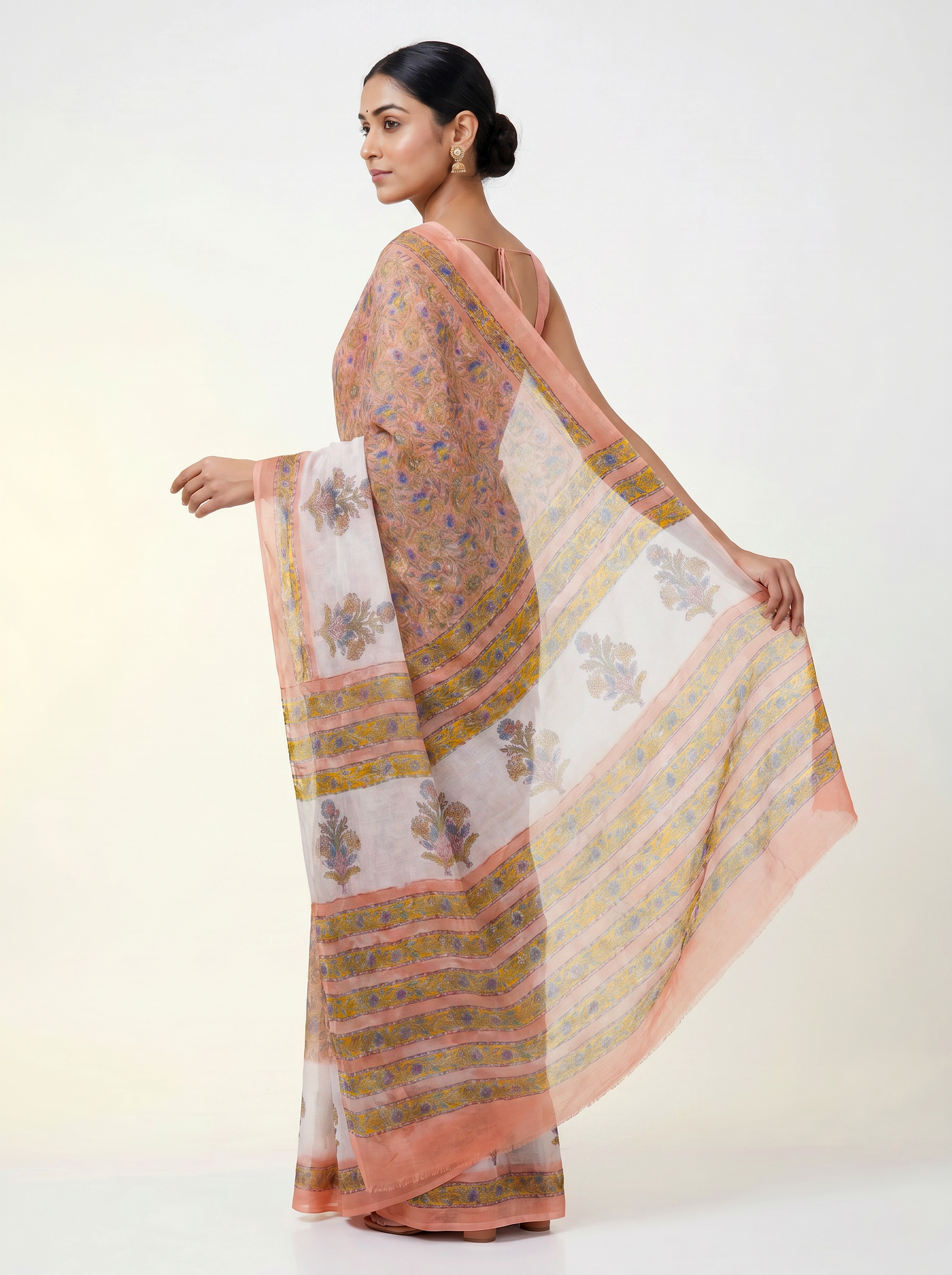 Pure Double Diamond Chiffon Saree | Golden + Ochre Bagru Handblock Ajrakh Golden Zari | Natural Dye | Nazakat | Design 2 image 4