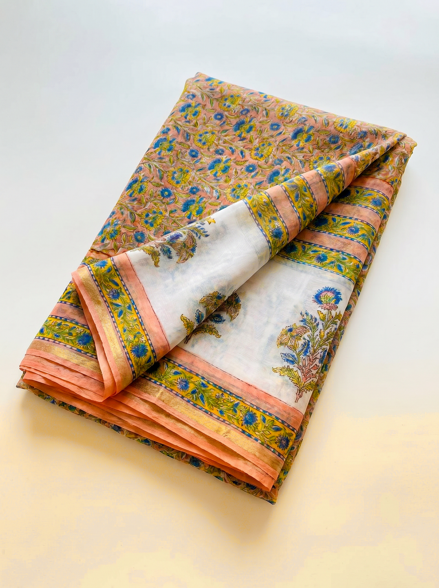 Pure Double Diamond Chiffon Saree | Golden + Ochre Bagru Handblock Ajrakh Golden Zari | Natural Dye | Nazakat | Design 2 image 5