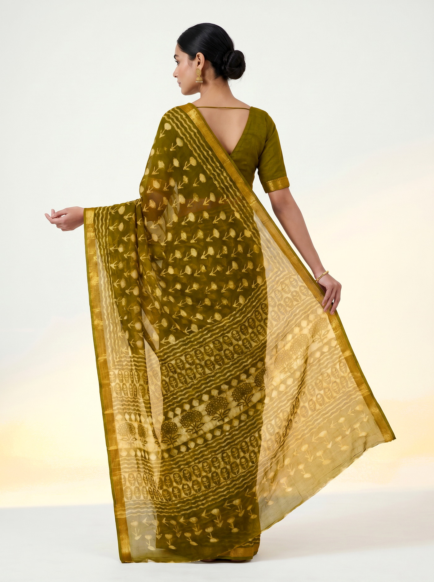 Pure Double Diamond Chiffon Saree | Golden + Ochre Bagru Handblock Ajrakh Golden Zari | Natural Dye | Nazakat image 4