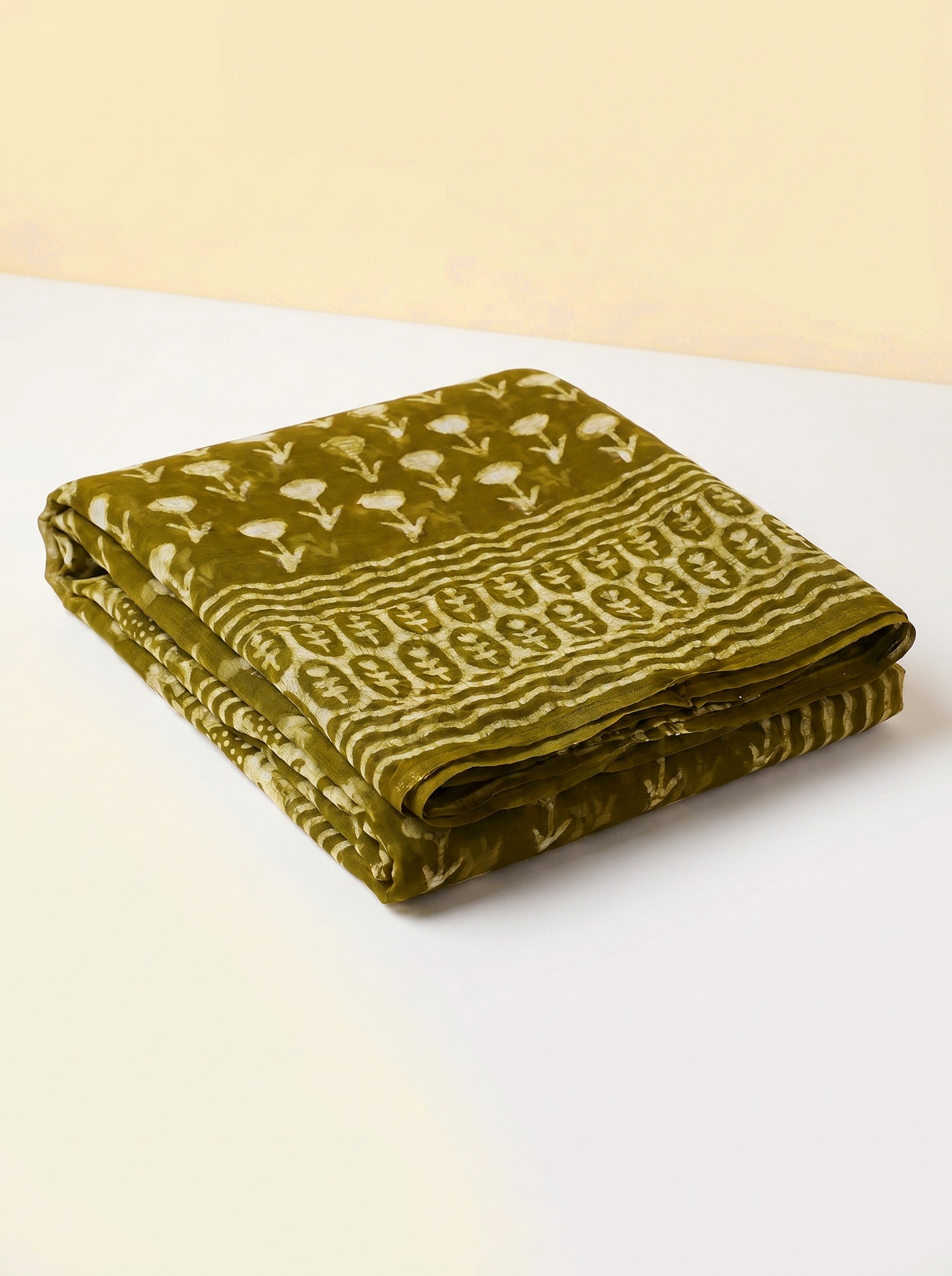 Pure Double Diamond Chiffon Saree | Golden + Ochre Bagru Handblock Ajrakh Golden Zari | Natural Dye | Nazakat image 5