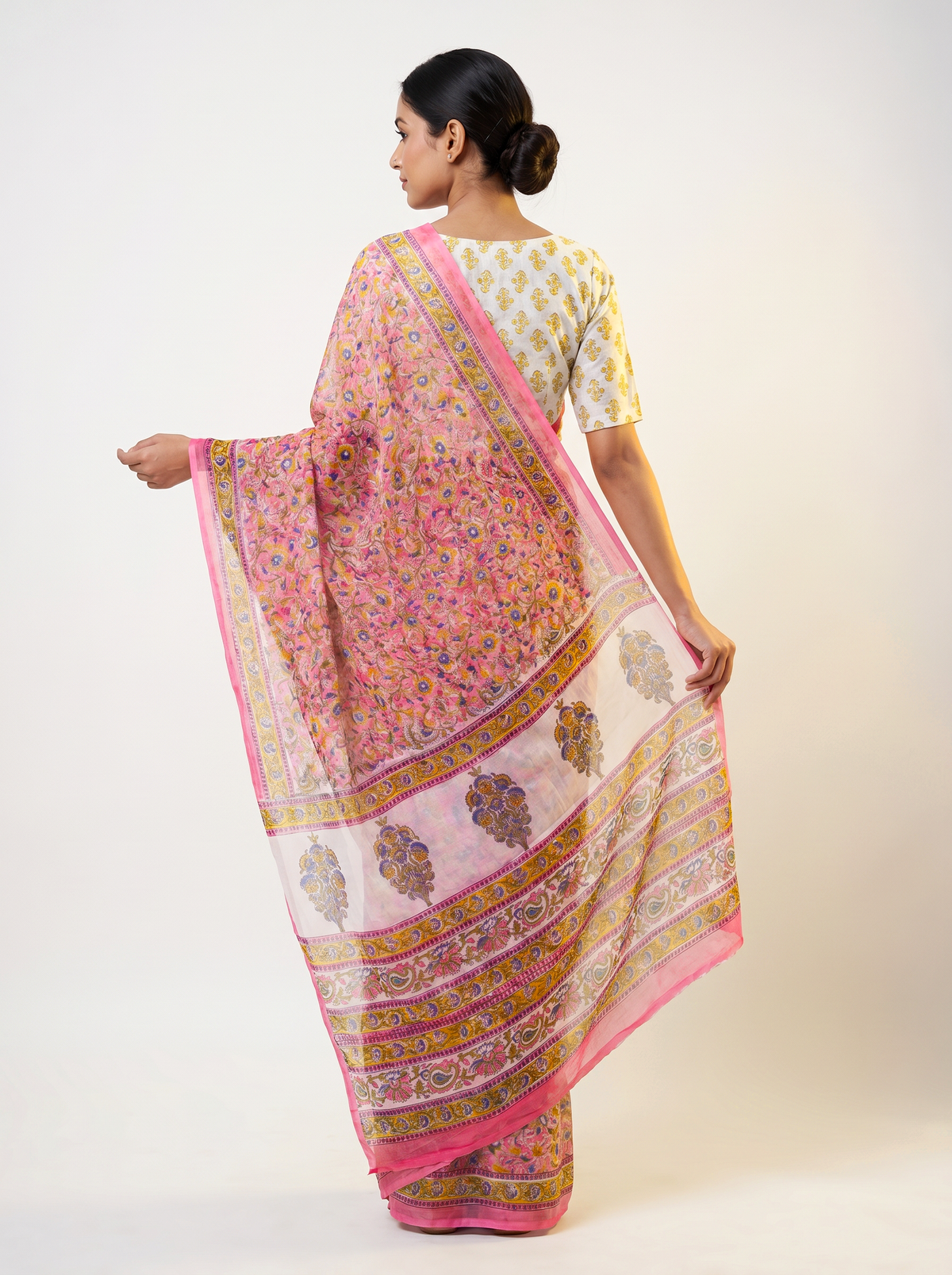 Pure Double Diamond Chiffon Saree | Dusty Pink + Off White + Ochre + Beige Bagru Handblock Ajrakh Print | Natural Dye | Nazakat image 3