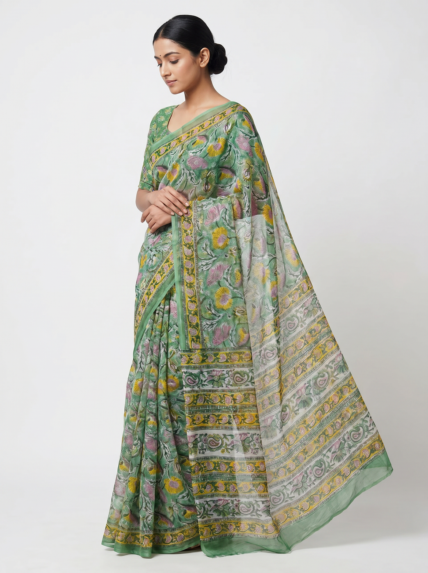Pure Double Diamond Chiffon Saree | Ochre + Grey Bagru Handblock Ajrakh Print | Natural Dye | Nazakat image 2