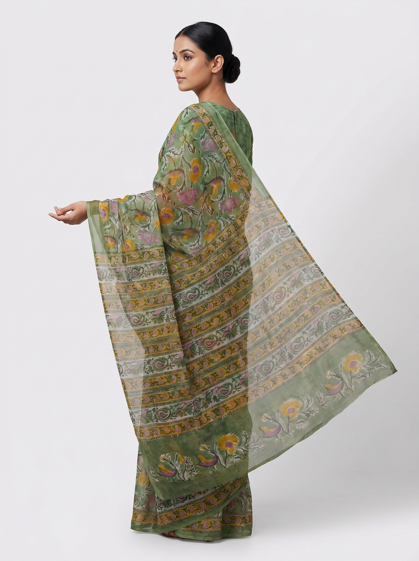 Pure Double Diamond Chiffon Saree | Ochre + Grey Bagru Handblock Ajrakh Print | Natural Dye | Nazakat image 4