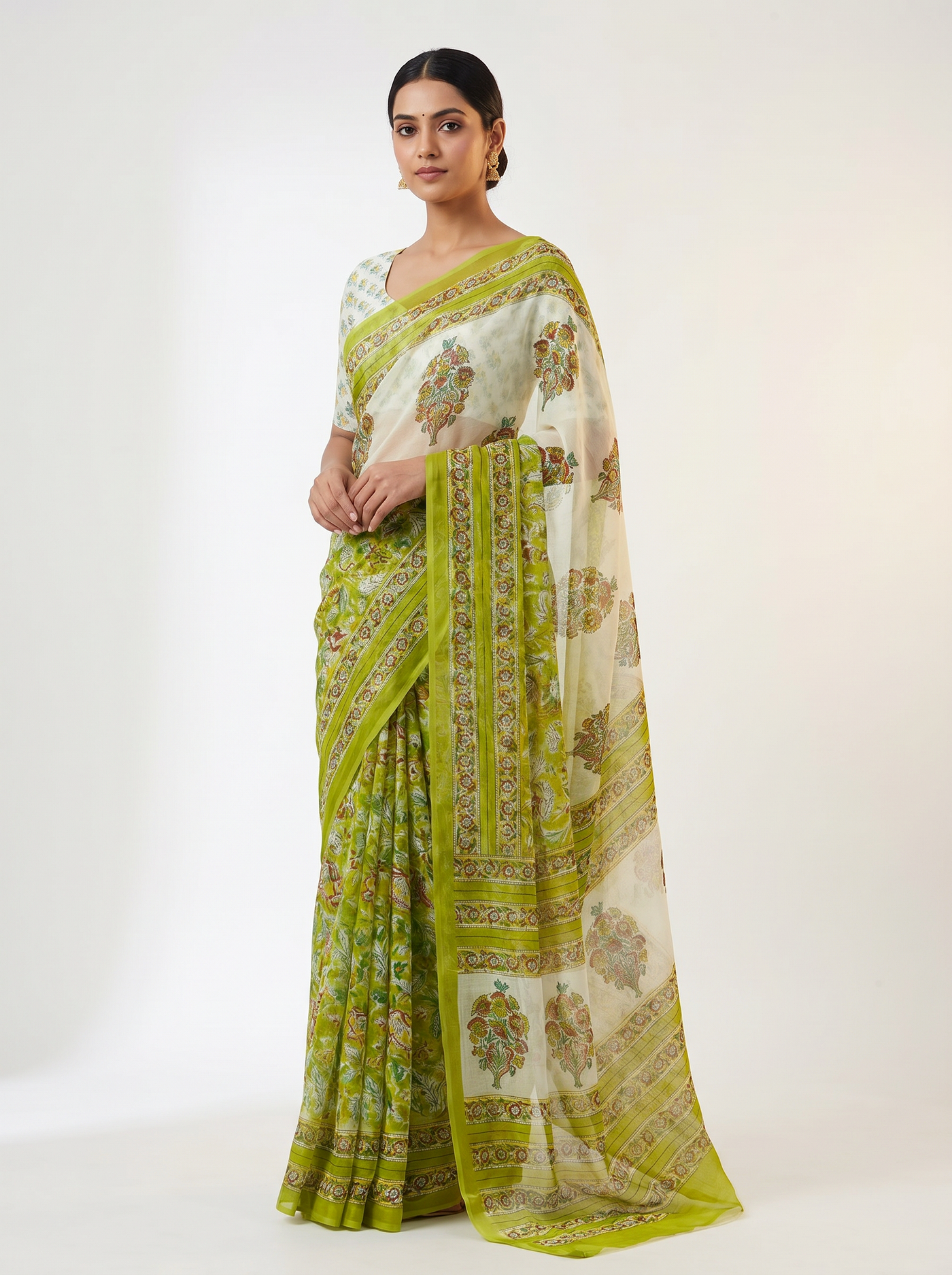 Off White + Ochre pure double diamond chiffon saree with Bagru Ajrakh print
