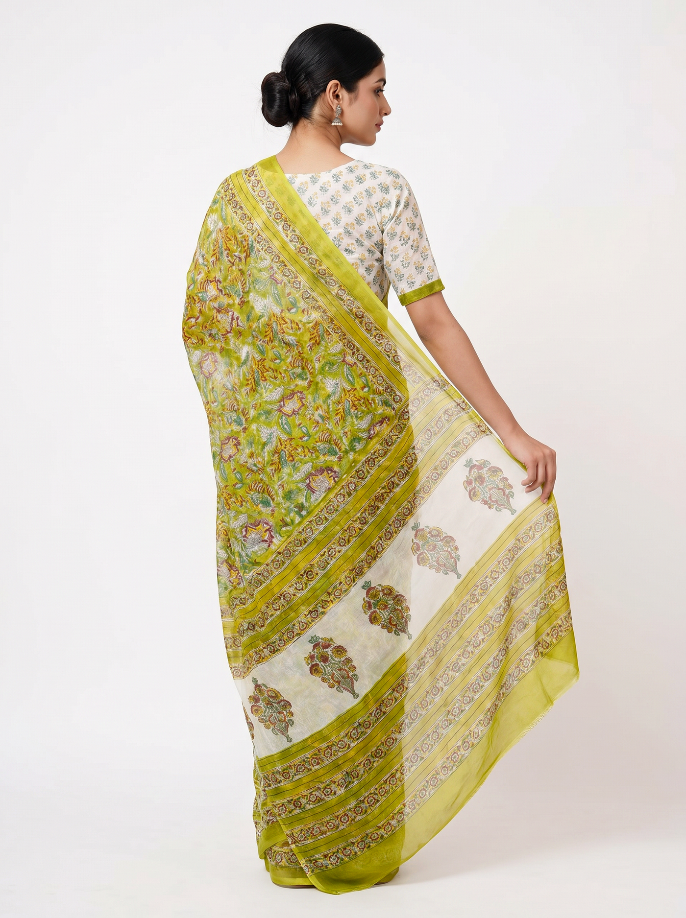 Pure Double Diamond Chiffon Saree | Off White + Ochre Bagru Handblock Ajrakh Print | Natural Dye | Nazakat image 4