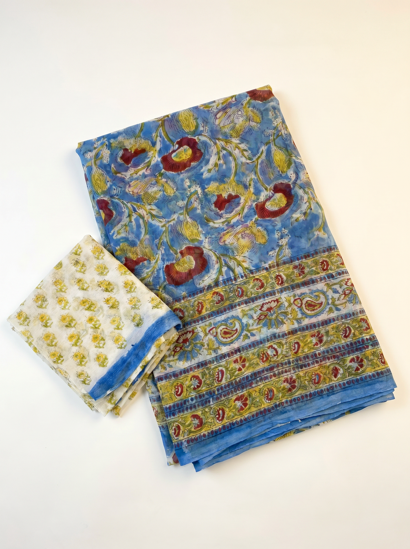 Pure Double Diamond Chiffon Saree | Teal Blue + Ochre Bagru Handblock Ajrakh Print | Natural Dye | Nazakat image 5