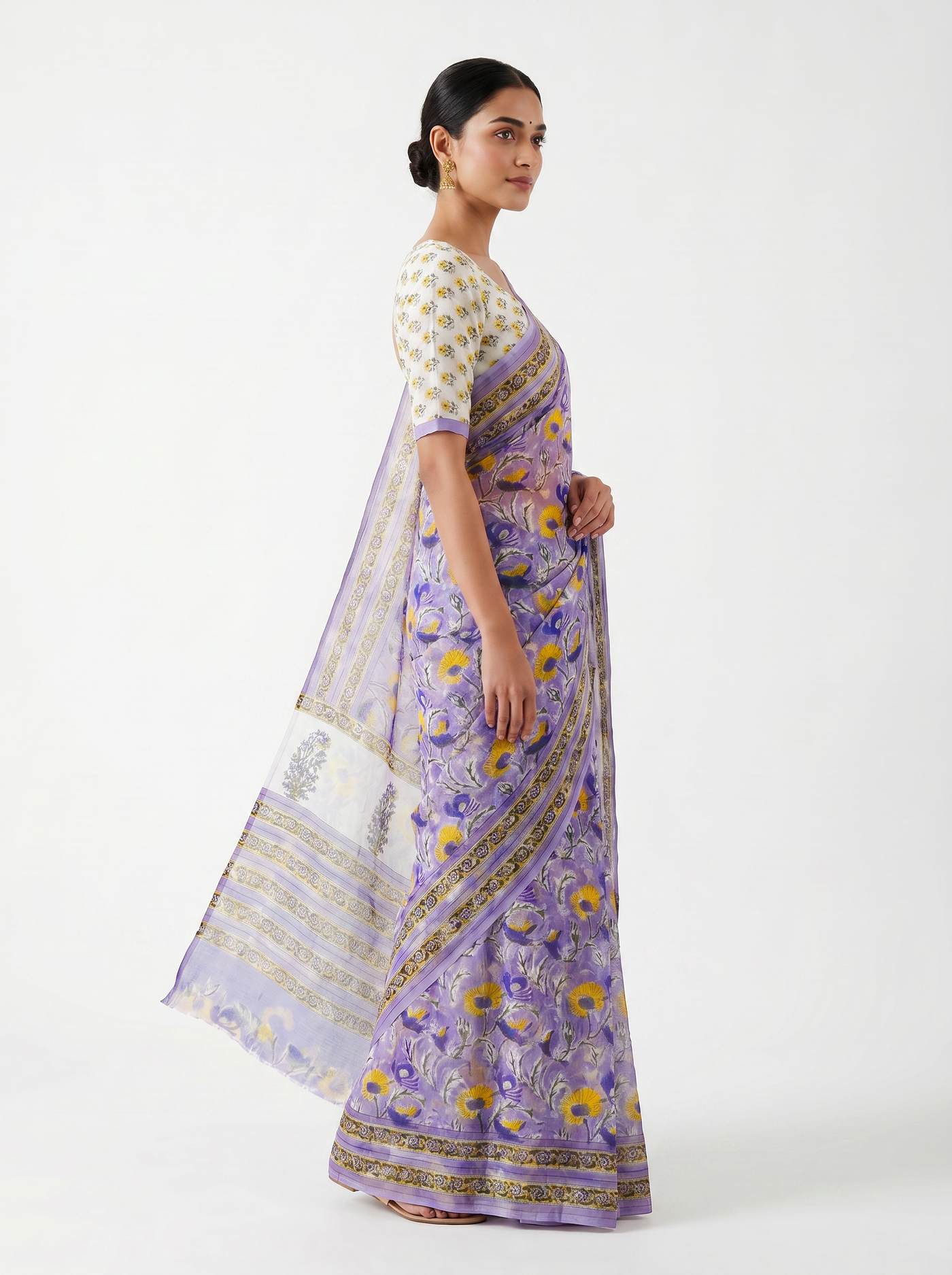 Pure Double Diamond Chiffon Saree | Off White + Teal Blue + Ochre Bagru Handblock Ajrakh Print | Natural Dye | Nazakat image 2