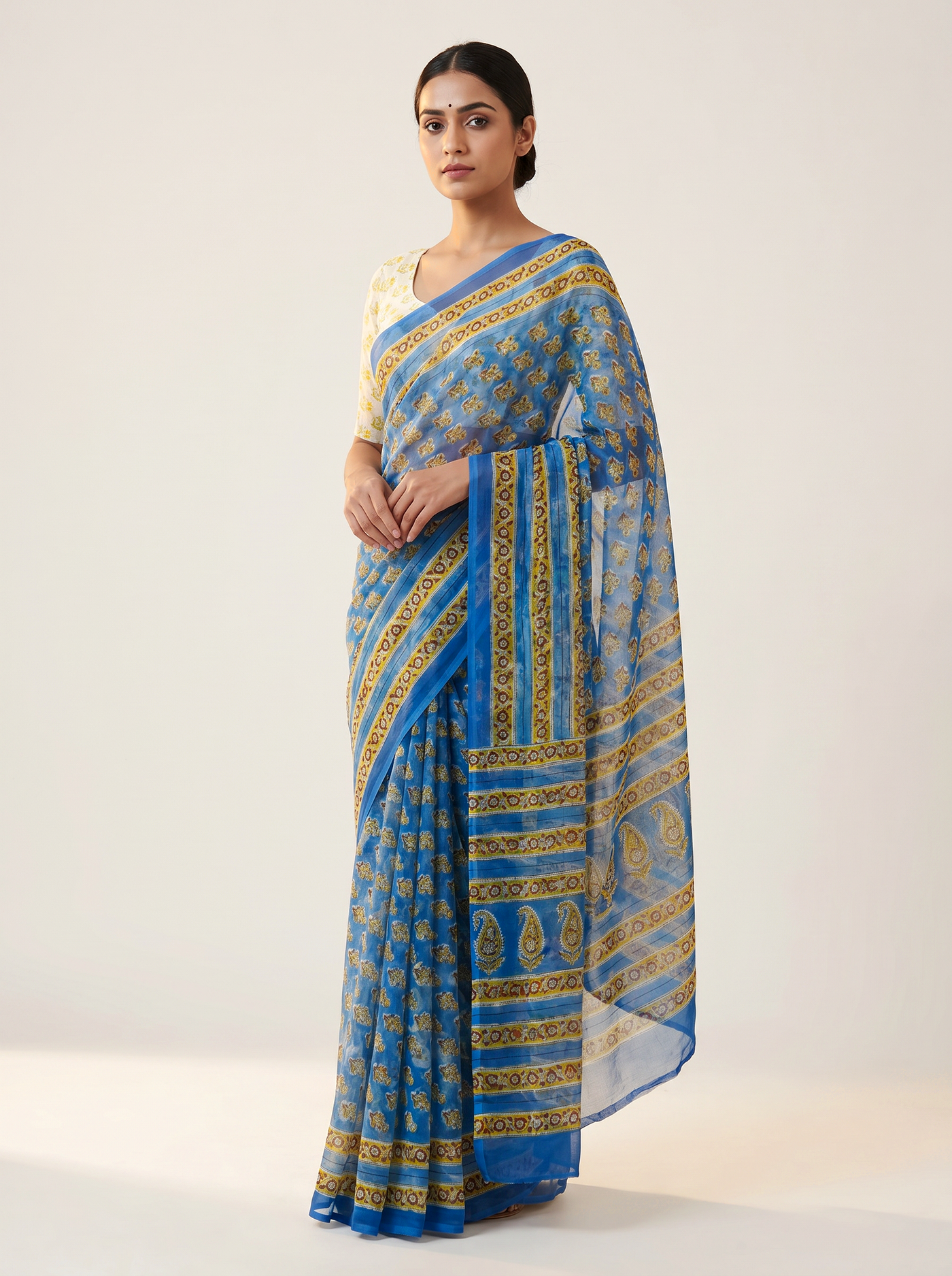 Royal Blue + Honey Yellow pure double diamond chiffon saree with Bagru Ajrakh print