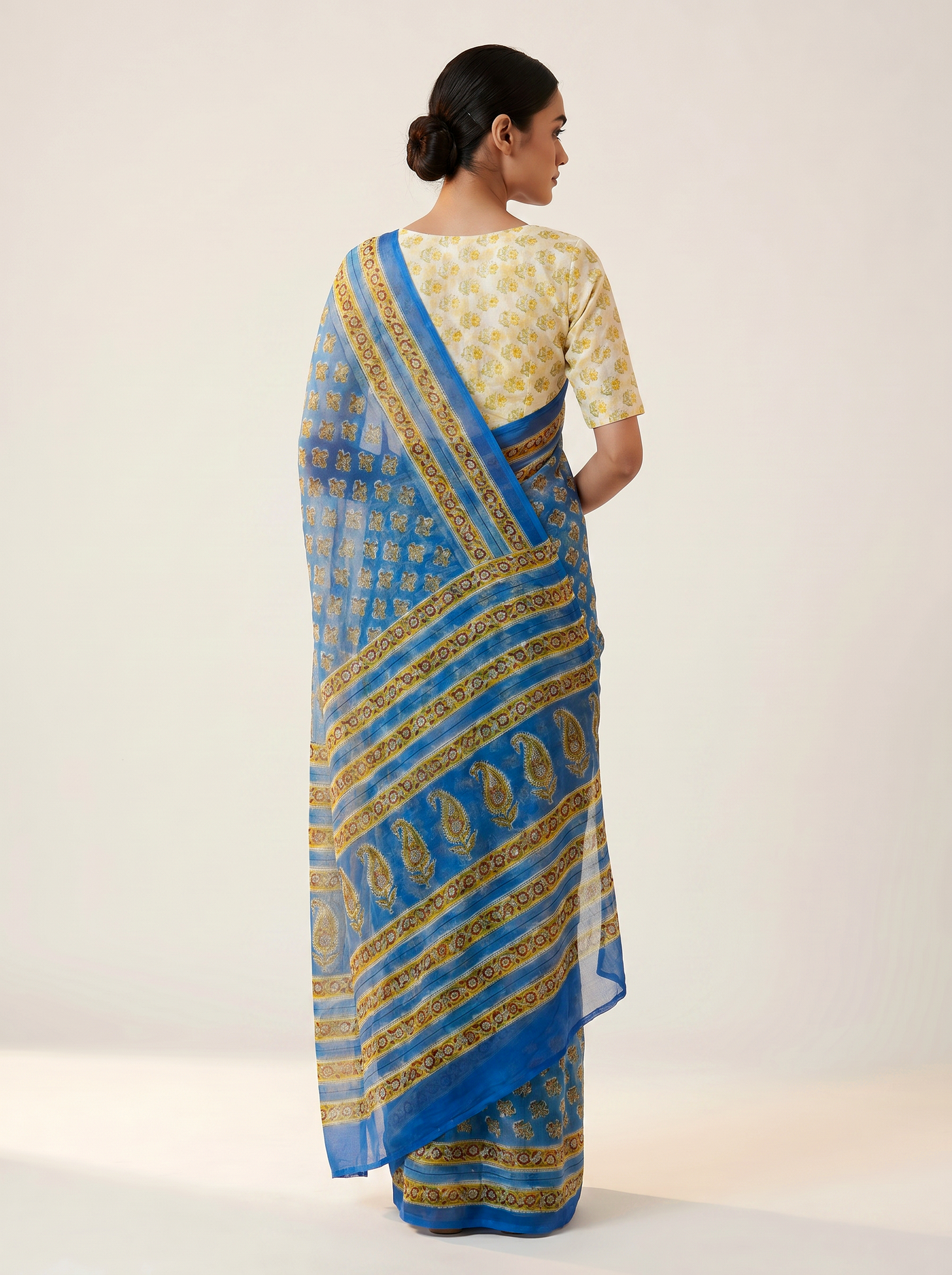 Pure Double Diamond Chiffon Saree | Royal Blue + Honey Yellow Bagru Handblock Ajrakh Print | Natural Dye | Nazakat image 3