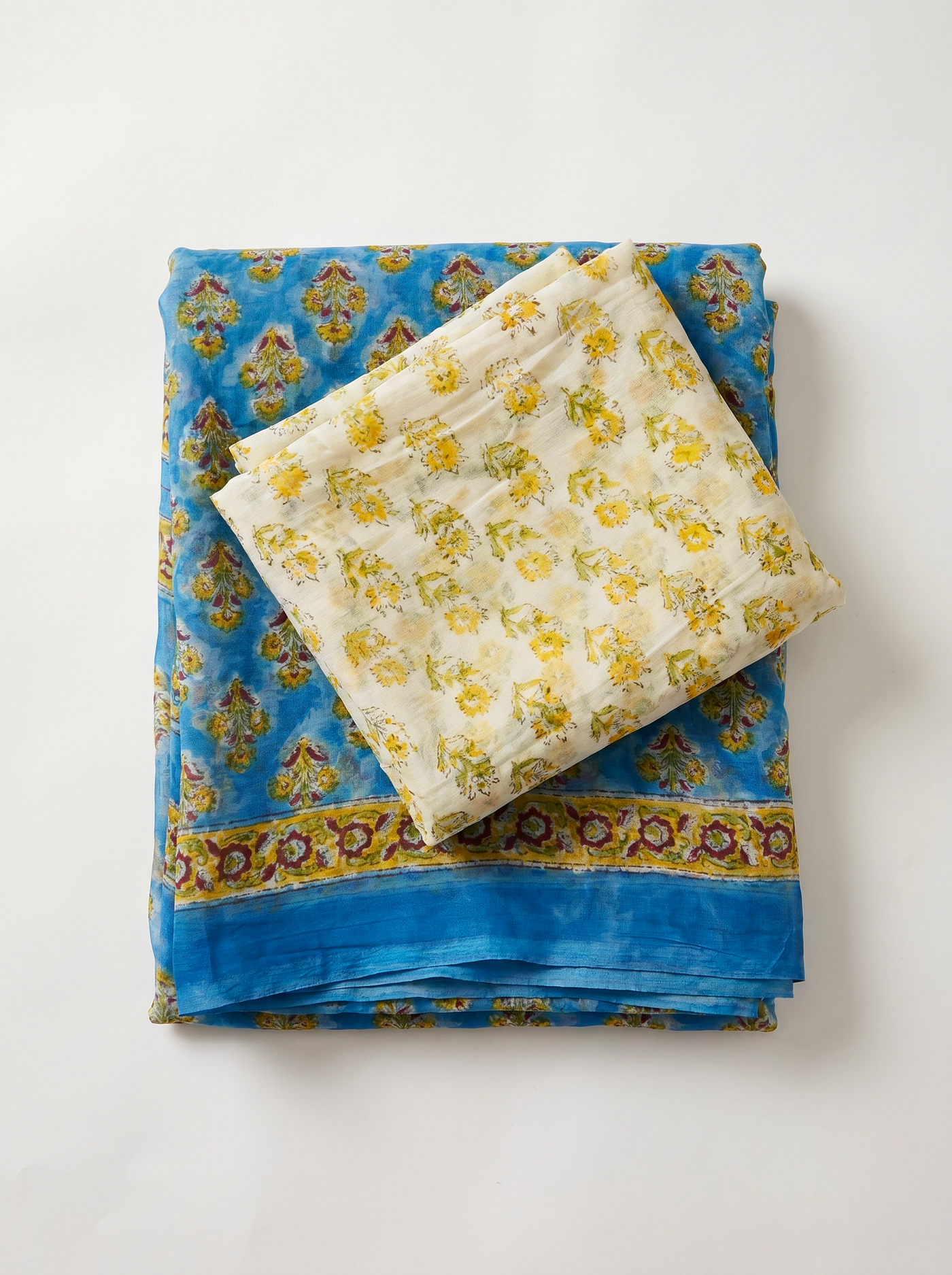 Pure Double Diamond Chiffon Saree | Royal Blue + Honey Yellow Bagru Handblock Ajrakh Print | Natural Dye | Nazakat image 5