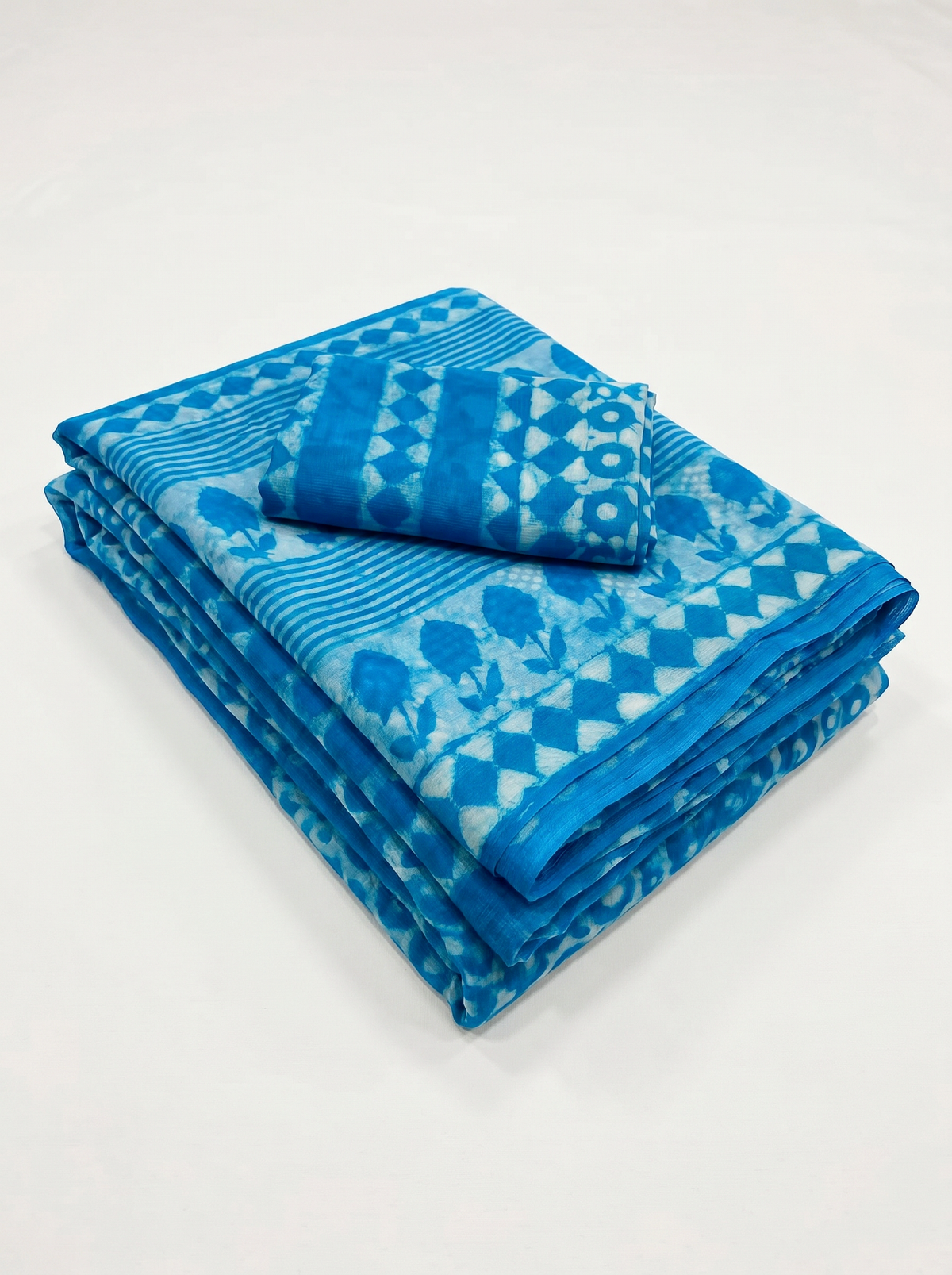 Pure Double Diamond Chiffon Saree | Sky Blue Bagru Handblock Ajrakh Self Design | Natural Dye | Nazakat image 5