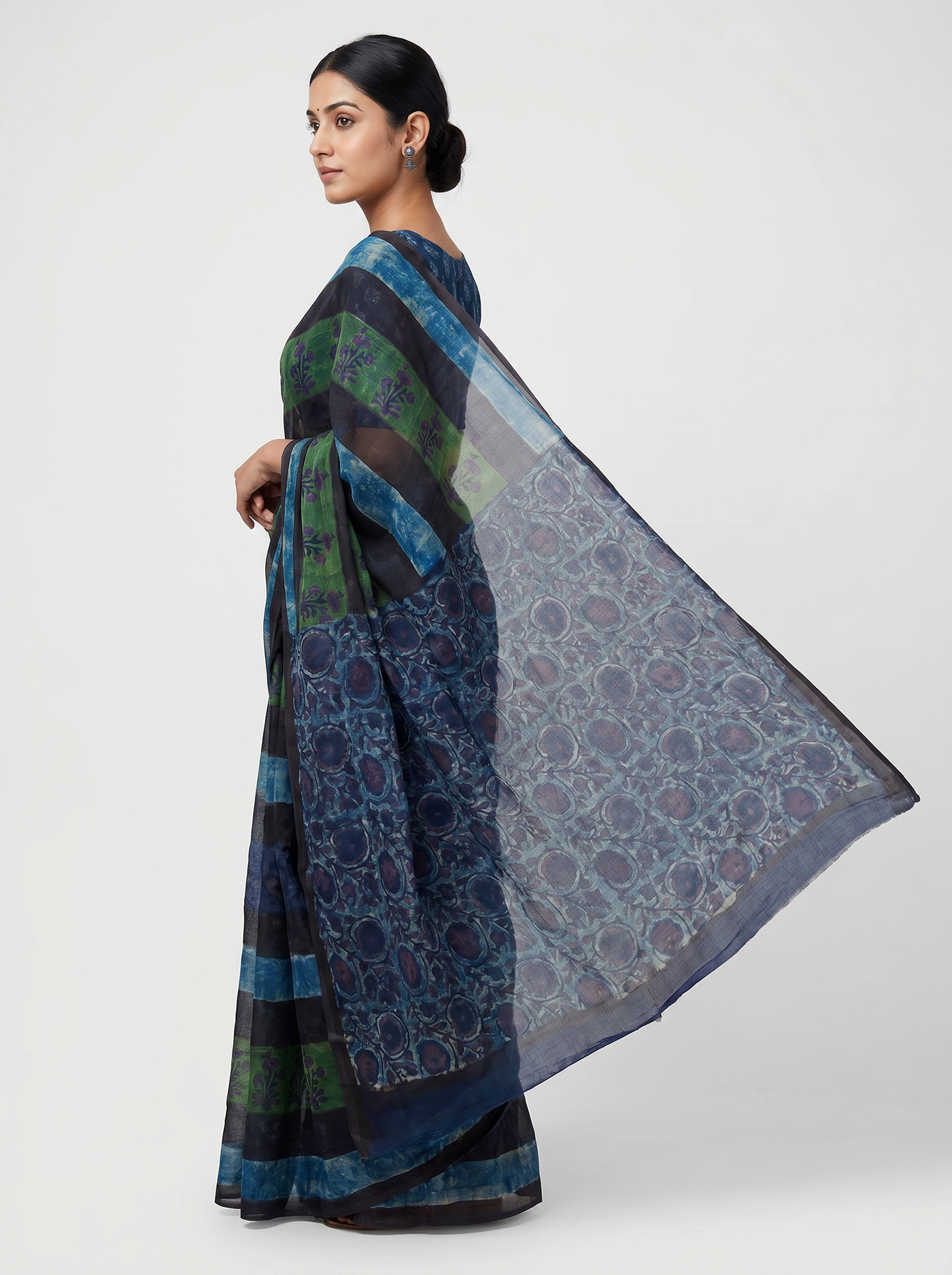 Pure Double Diamond Chiffon Saree | Sage Green + Sky Blue + Grey Bagru Handblock Ajrakh Print | Natural Dye | Nazakat image 4