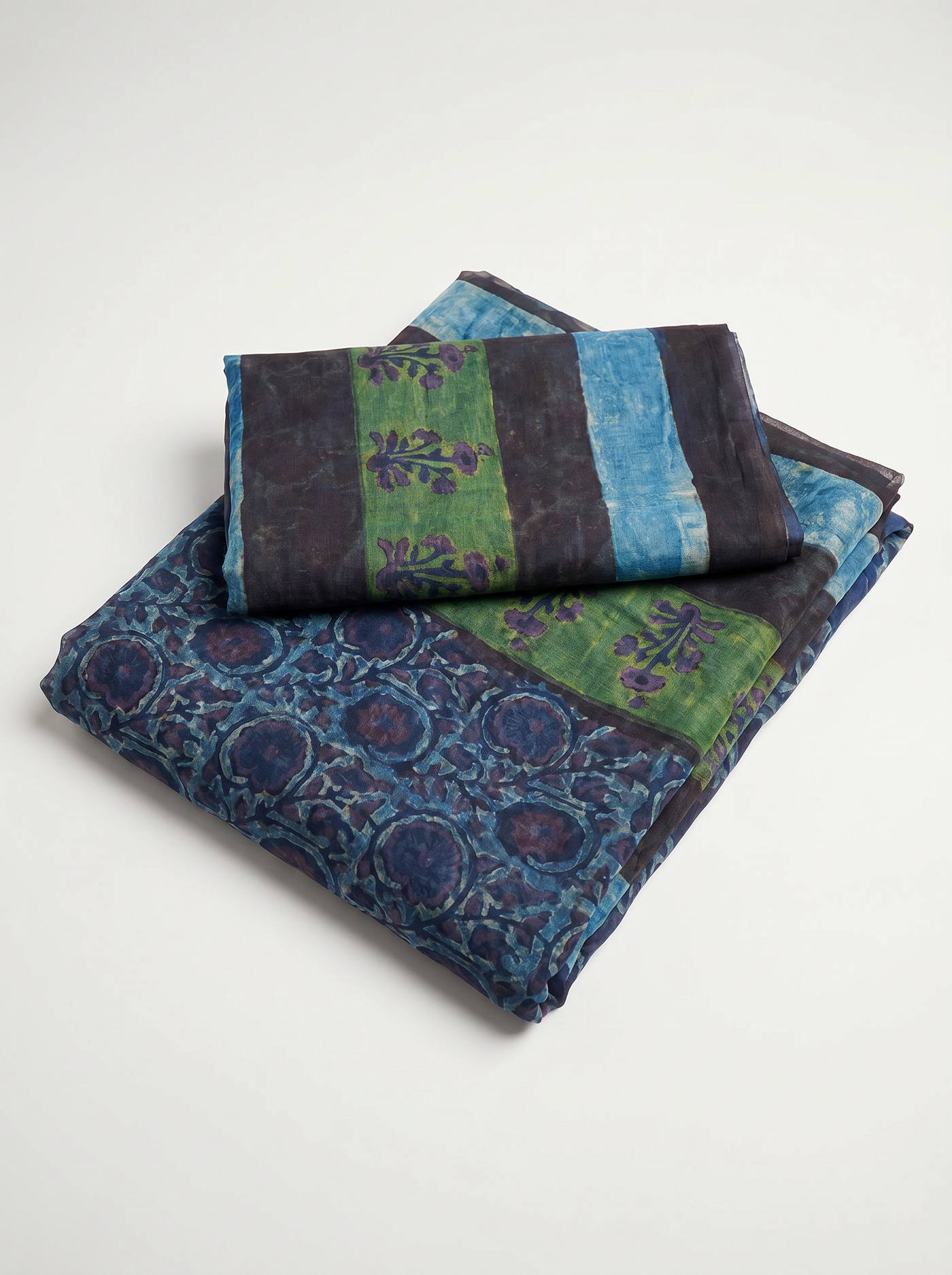 Pure Double Diamond Chiffon Saree | Sage Green + Sky Blue + Grey Bagru Handblock Ajrakh Print | Natural Dye | Nazakat image 5