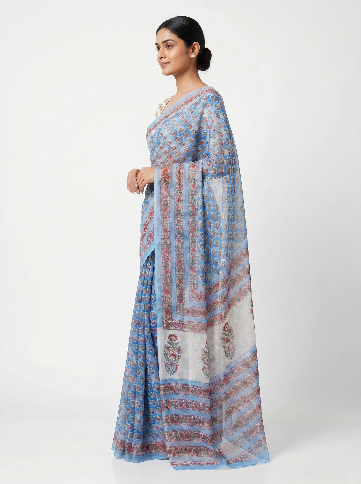 Pure Double Diamond Chiffon Saree | Deep Red + Off White + Teal Blue Bagru Handblock Ajrakh Print | Natural Dye | Nazakat | Design 2 image 2