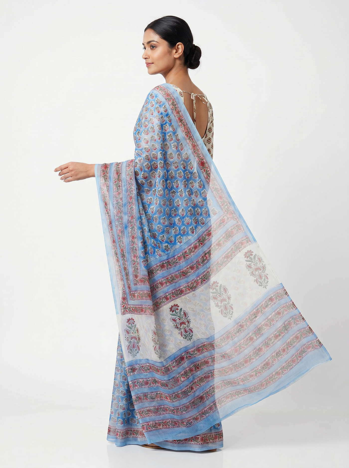 Pure Double Diamond Chiffon Saree | Deep Red + Off White + Teal Blue Bagru Handblock Ajrakh Print | Natural Dye | Nazakat | Design 2 image 4