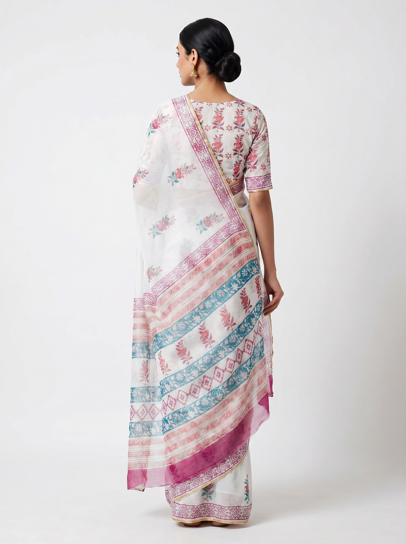 Pure Double Diamond Chiffon Saree | Deep Red + Off White + Teal Blue Bagru Handblock Ajrakh Print | Natural Dye | Nazakat image 3