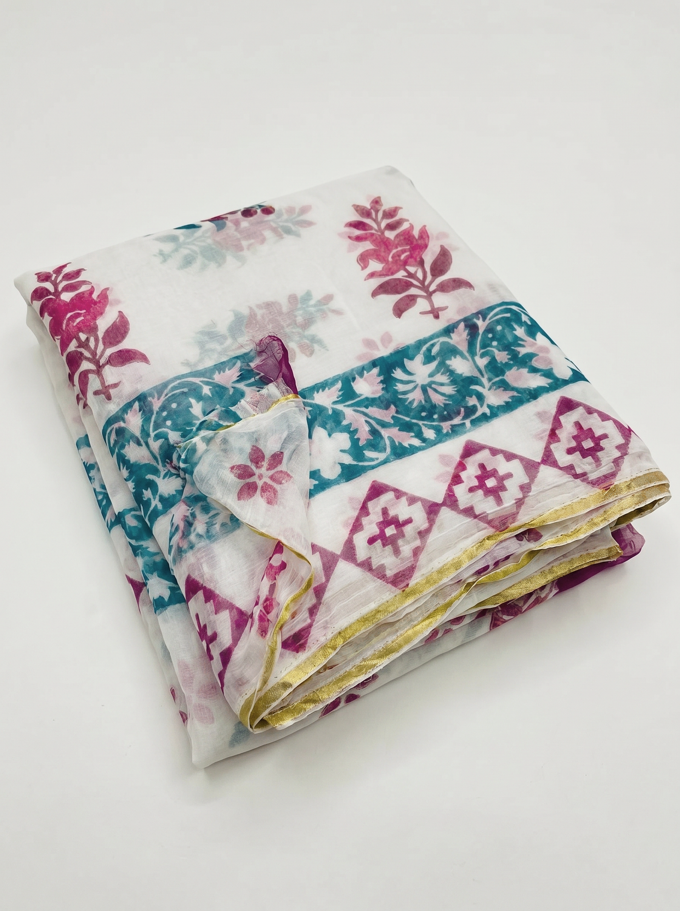 Pure Double Diamond Chiffon Saree | Deep Red + Off White + Teal Blue Bagru Handblock Ajrakh Print | Natural Dye | Nazakat image 5