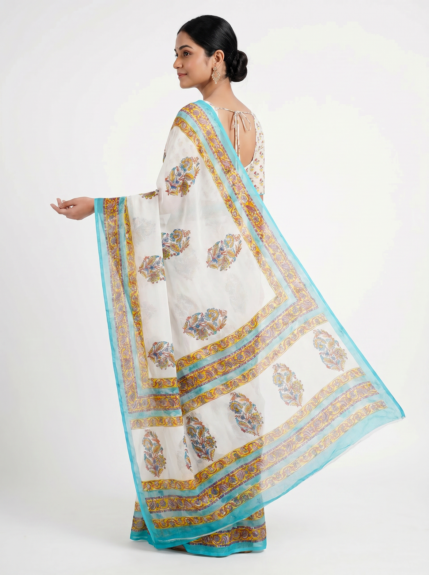 Pure Double Diamond Chiffon Saree | Off White + Teal Blue + Golden Bagru Handblock Ajrakh Golden Zari | Natural Dye | Nazakat image 4