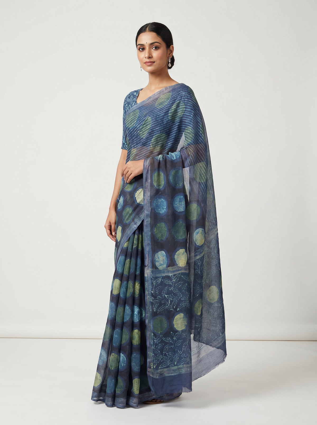 Sage Green + Teal Blue pure double diamond chiffon saree with Bagru Ajrakh print
