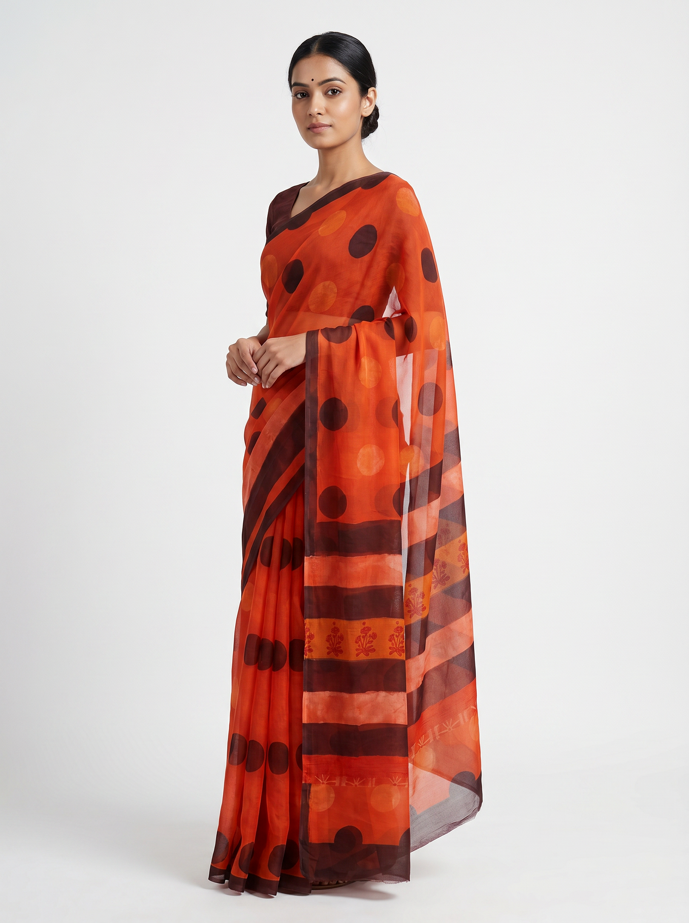 Burnt Orange + Wine pure double diamond chiffon saree with Bagru Ajrakh print