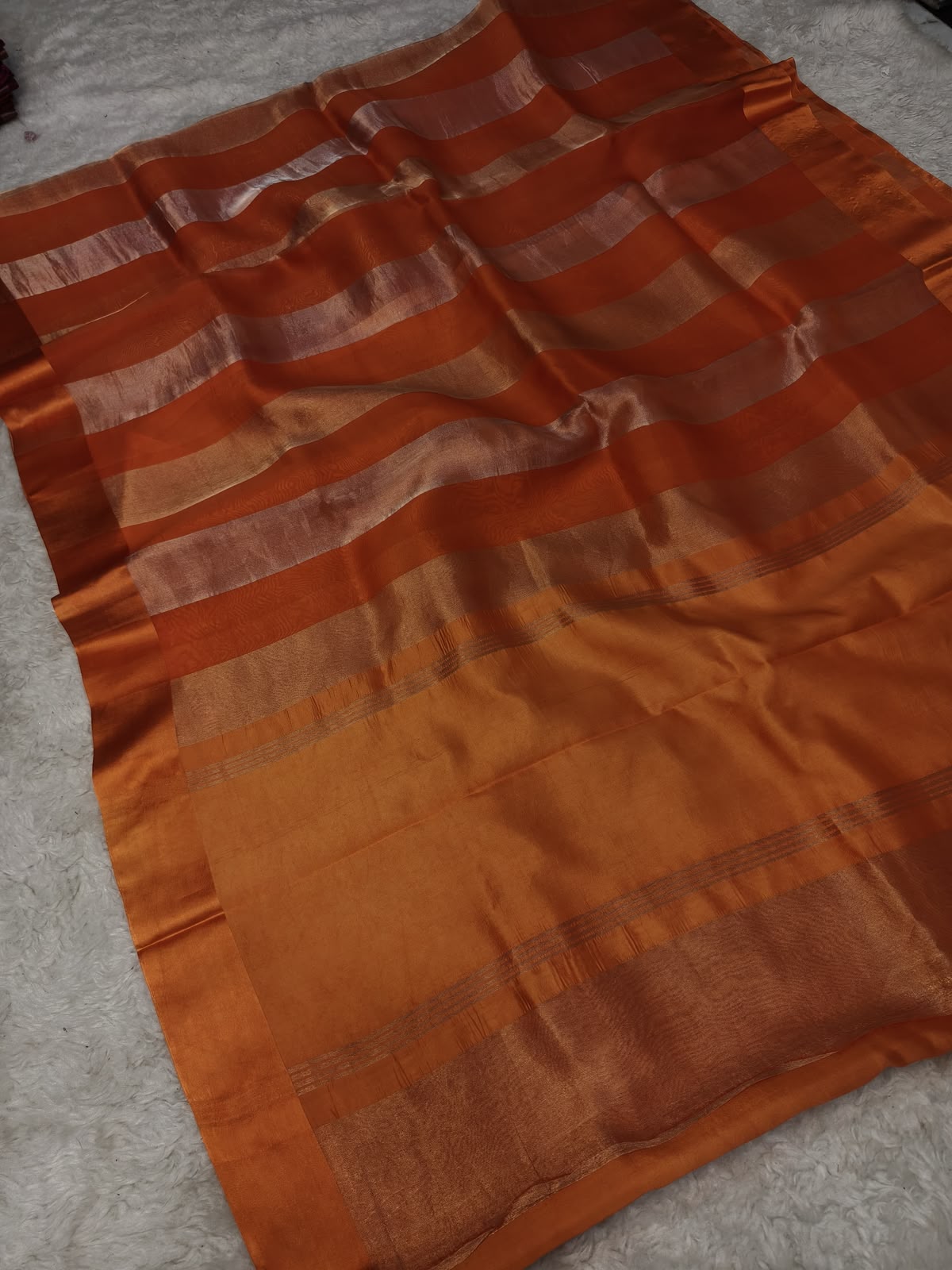 Pure Katan Tissue Silk Saree with Golden Stripe - Brick Red & Antique Gold fabric detail